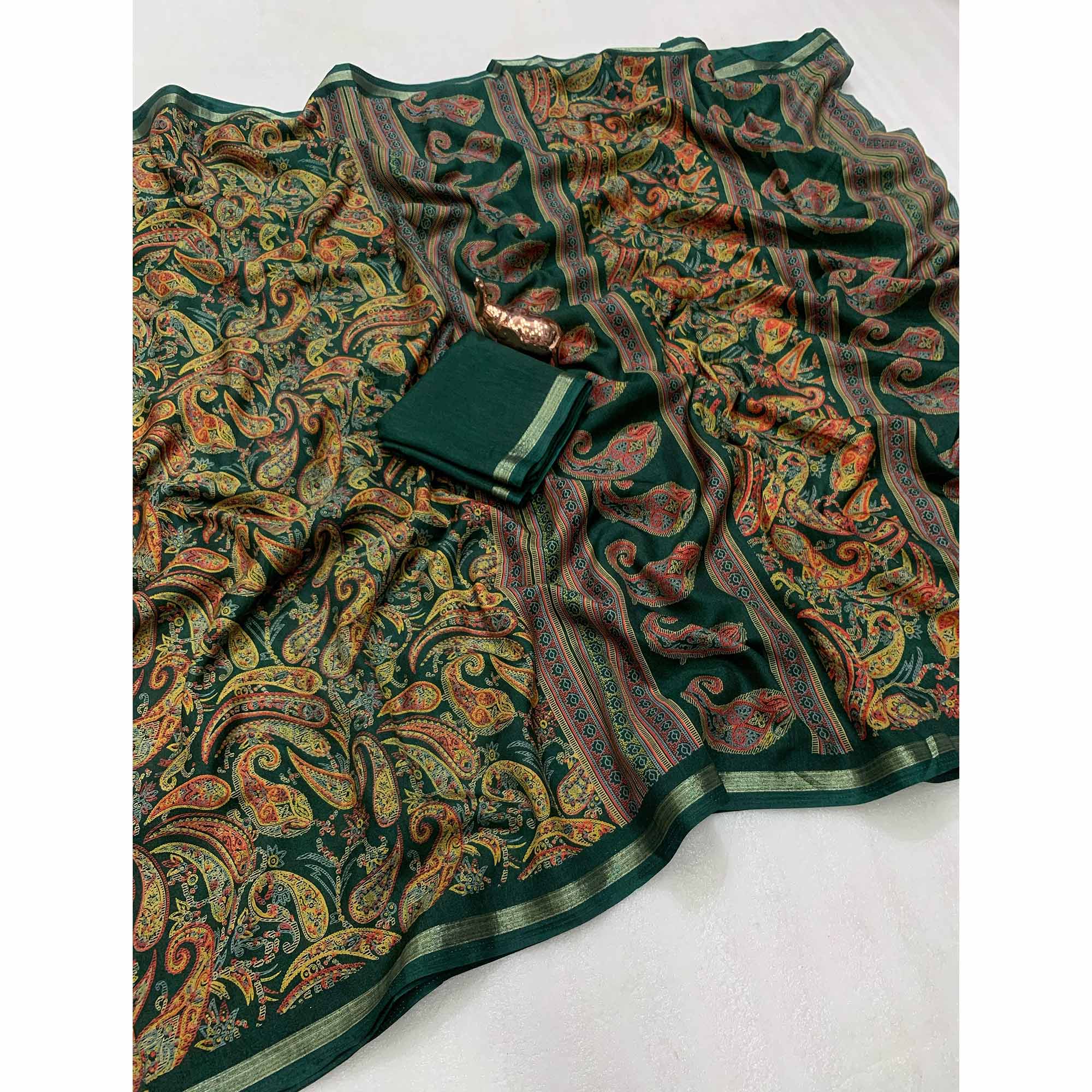 Green Cotton Blend Saree with Ethnic Kashmiri-Inspired Paisley Design