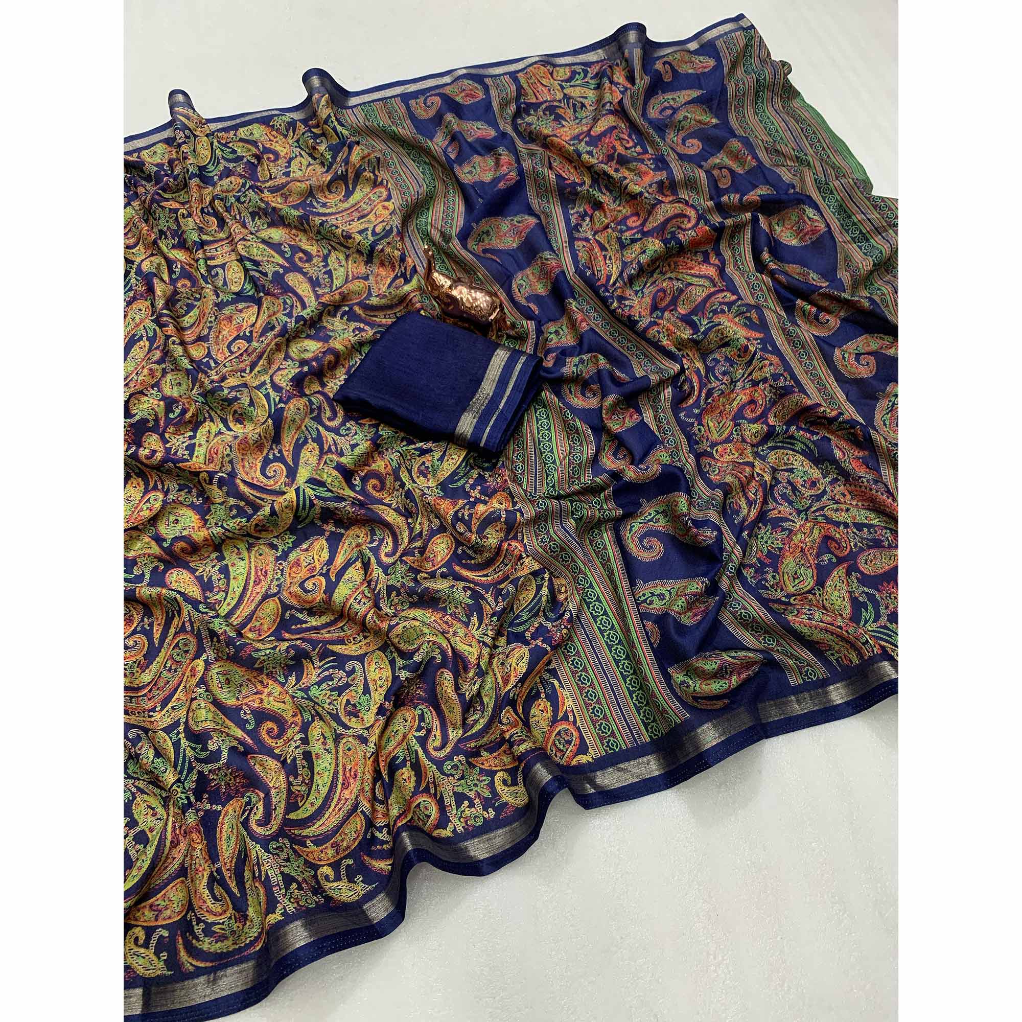 Navy Blue Cotton Blend Saree with Ethnic Kashmiri-Inspired Paisley Design