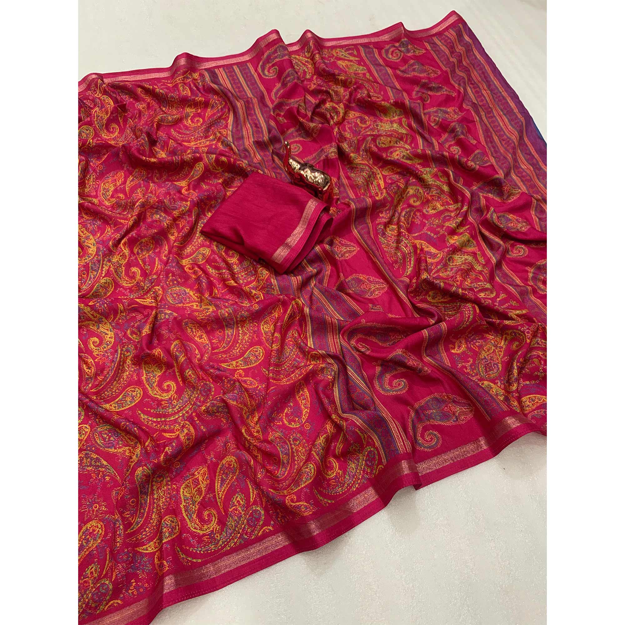 Pink Cotton Blend Saree with Ethnic Kashmiri-Inspired Paisley Design