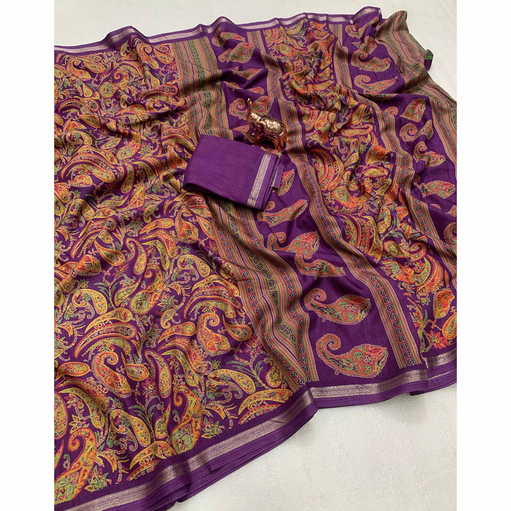 Plum Purple Cotton Blend Saree with Ethnic Kashmiri-Inspired Paisley Design