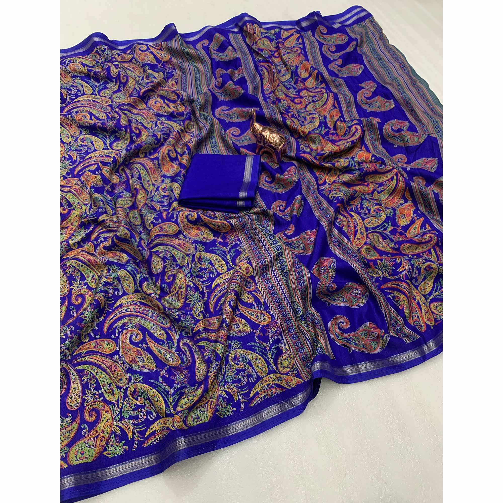Royal Blue Cotton Blend Saree with Ethnic Kashmiri-Inspired Paisley Design