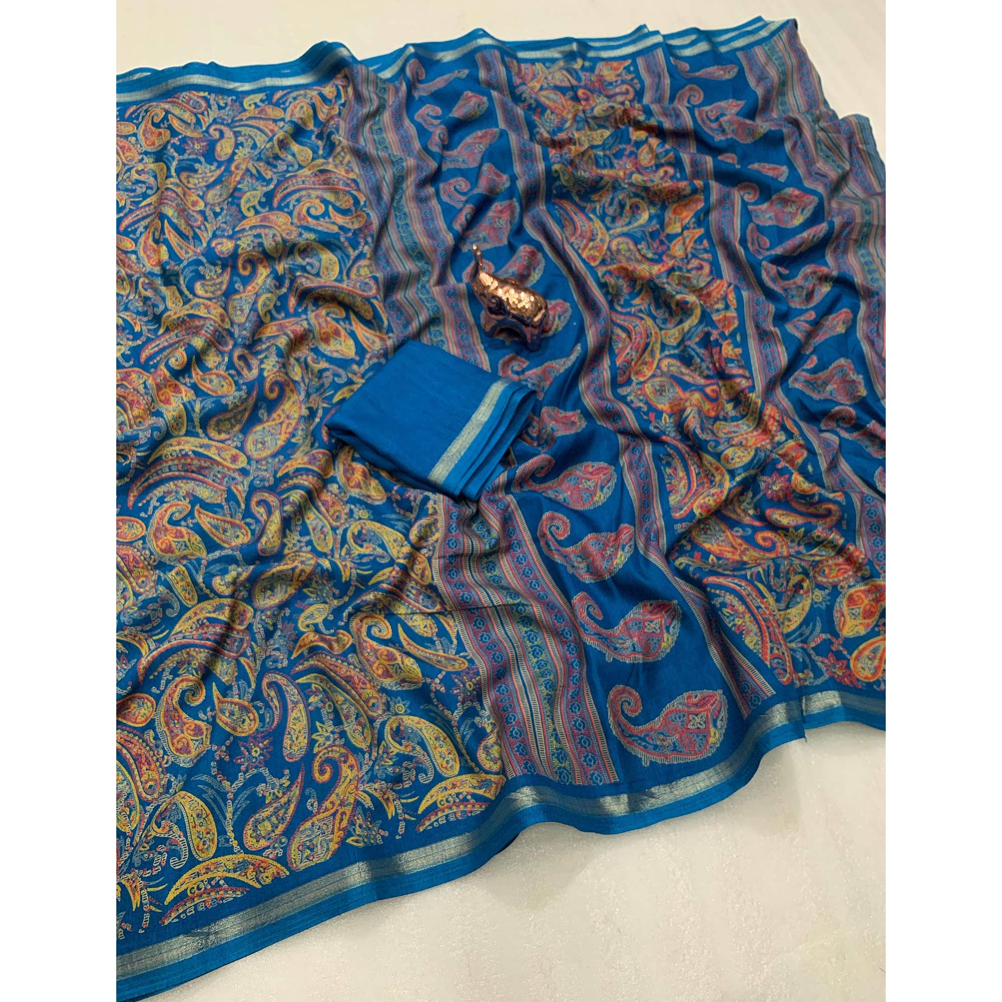 Teal Cotton Blend Saree with Ethnic Kashmiri-Inspired Paisley Design