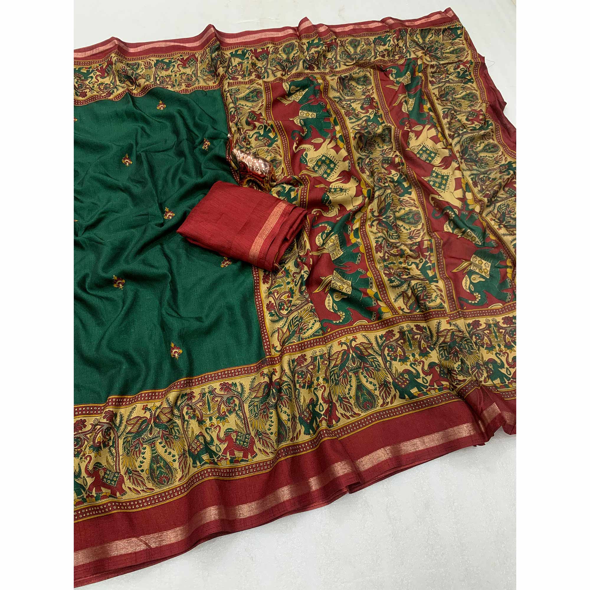 Green Cotton Blend Saree with Ethnic Kashmiri-Inspired Paisley Design