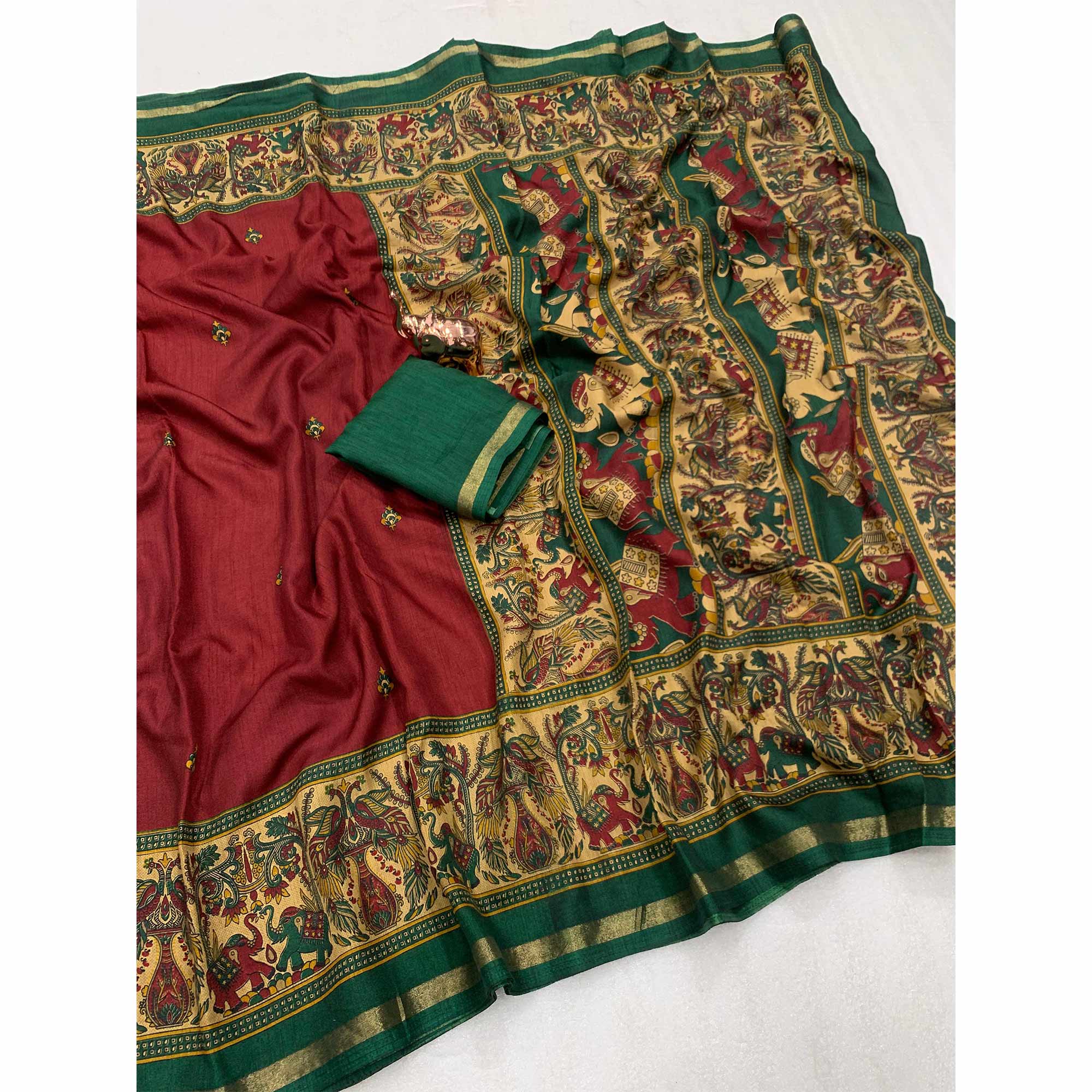 Maroon Cotton Blend Saree with Ethnic Kashmiri-Inspired Paisley Design