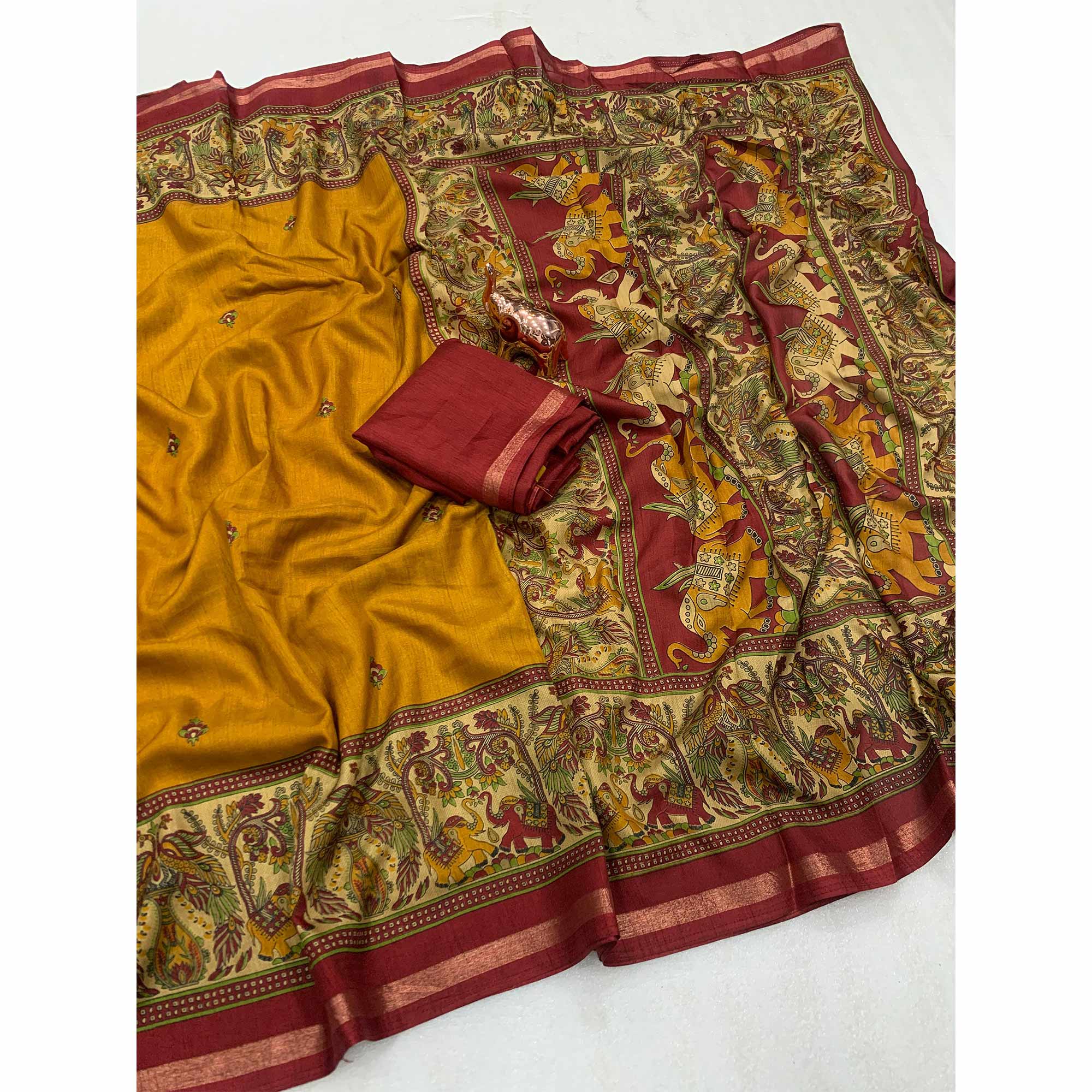 Mustard Cotton Blend Saree with Ethnic Kashmiri-Inspired Paisley Design
