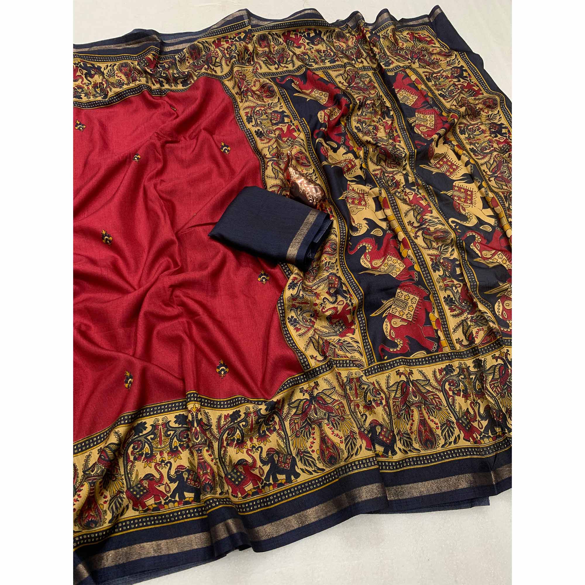 Red Cotton Blend Saree with Ethnic Kashmiri-Inspired Paisley Design