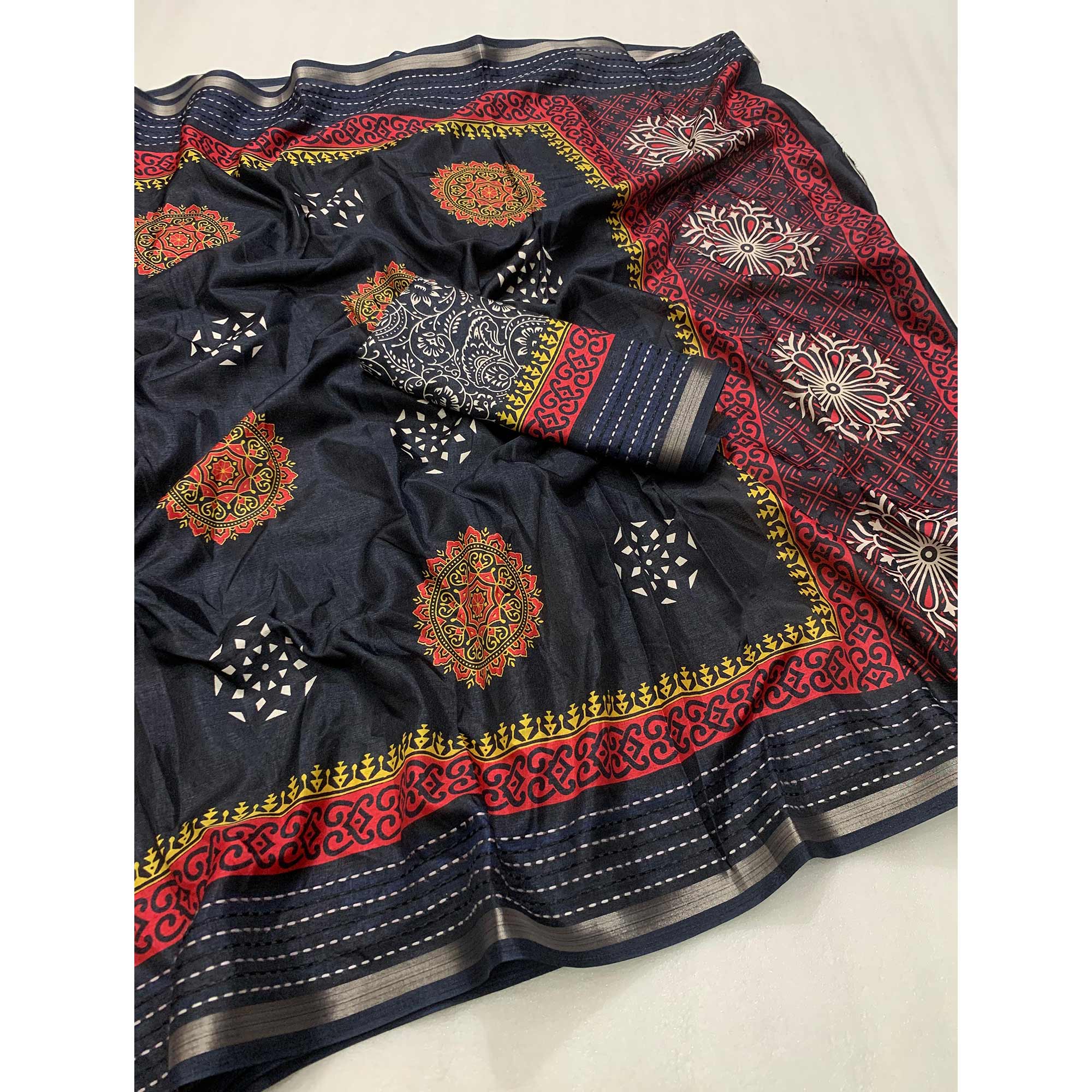 Black Floral Printed Crepe Cotton Saree With Thread Border