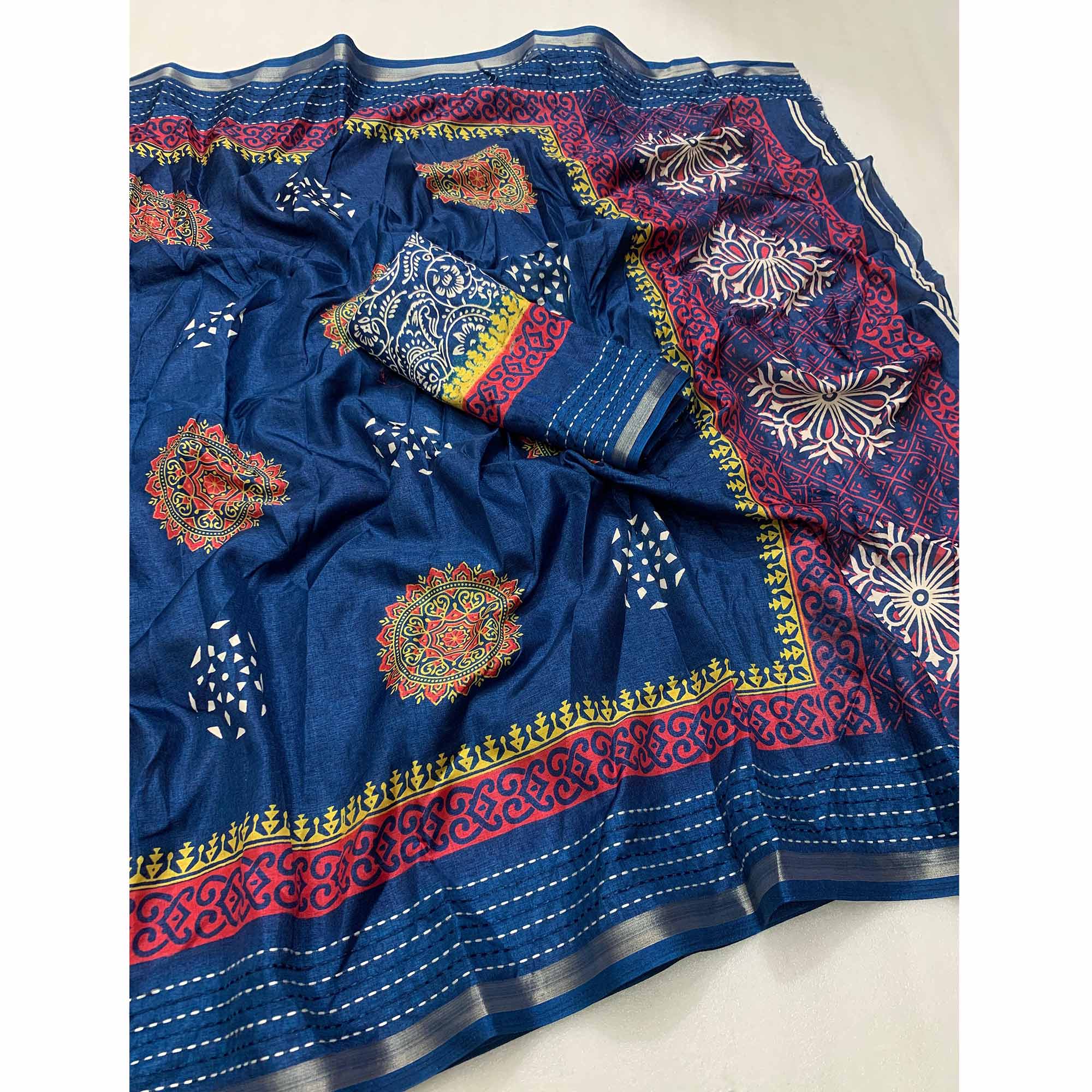 Blue Floral Printed Crepe Cotton Saree With Thread Border