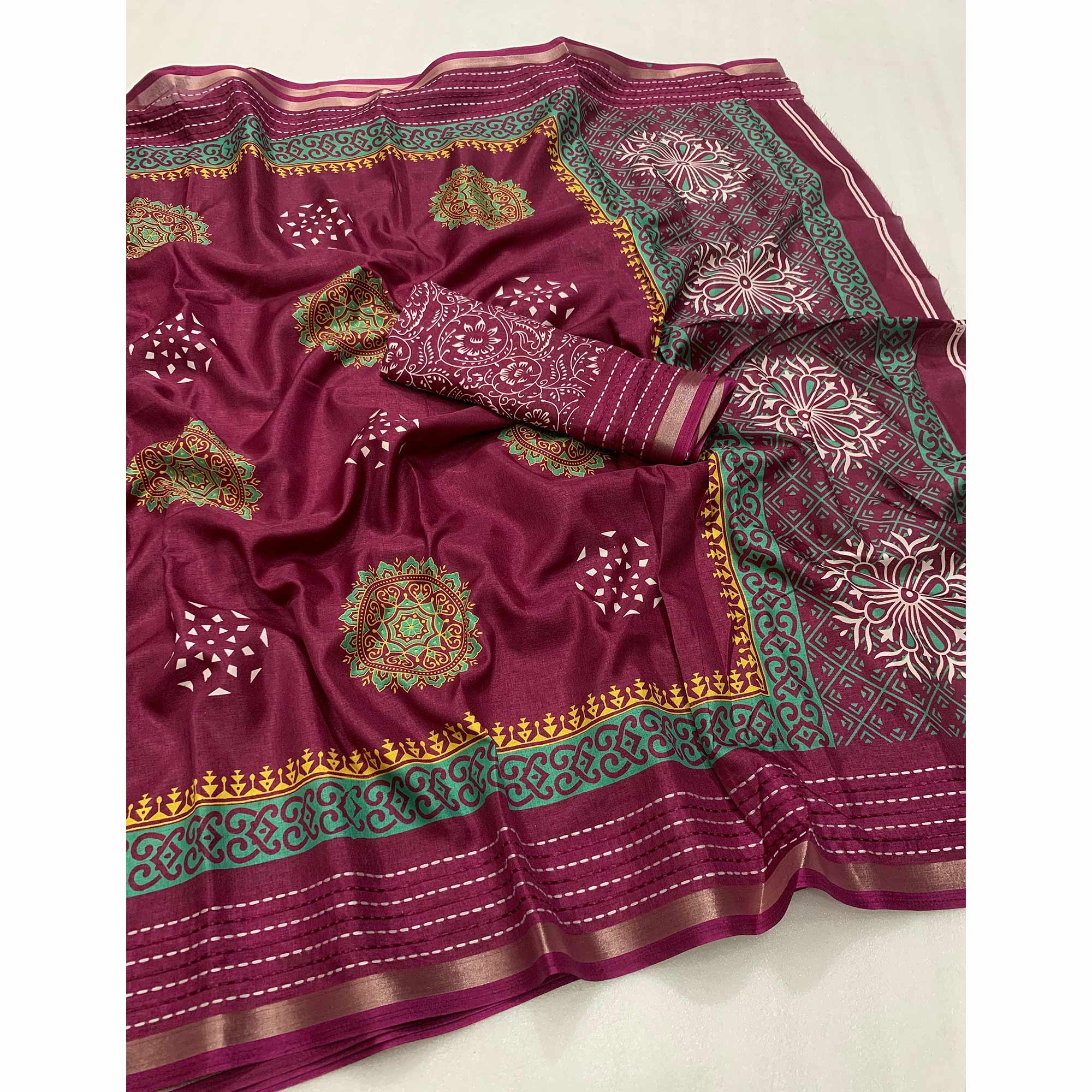 Burgundy Floral Printed Crepe Cotton Saree With Thread Border