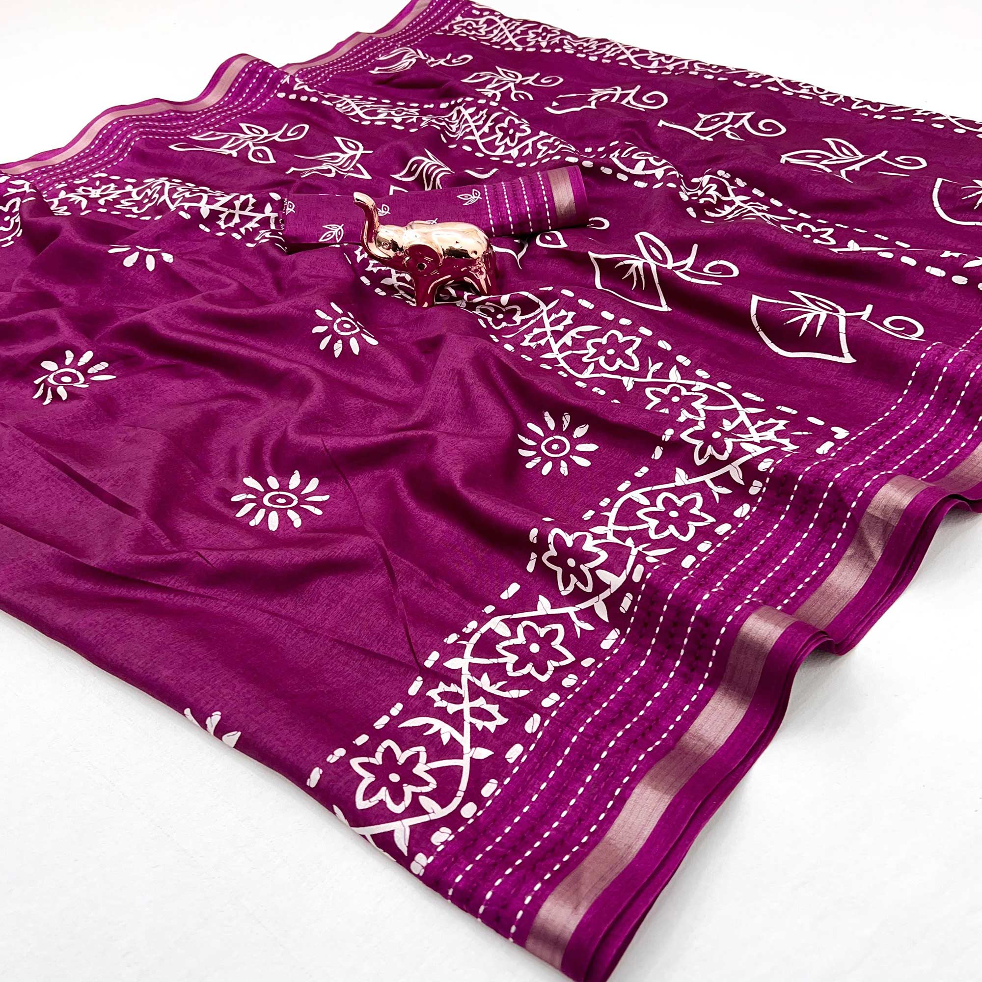 Dark Magenta Floral Printed Cotton Crepe Saree With Katha & Zari Border