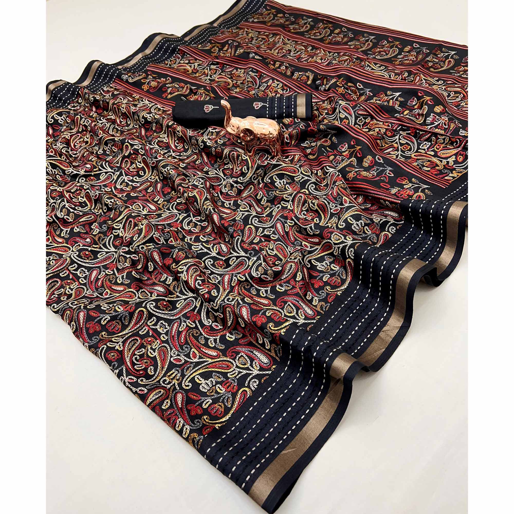 Black Floral Print Saree In Crepe Cotton Adorned With Kantha Embroidery