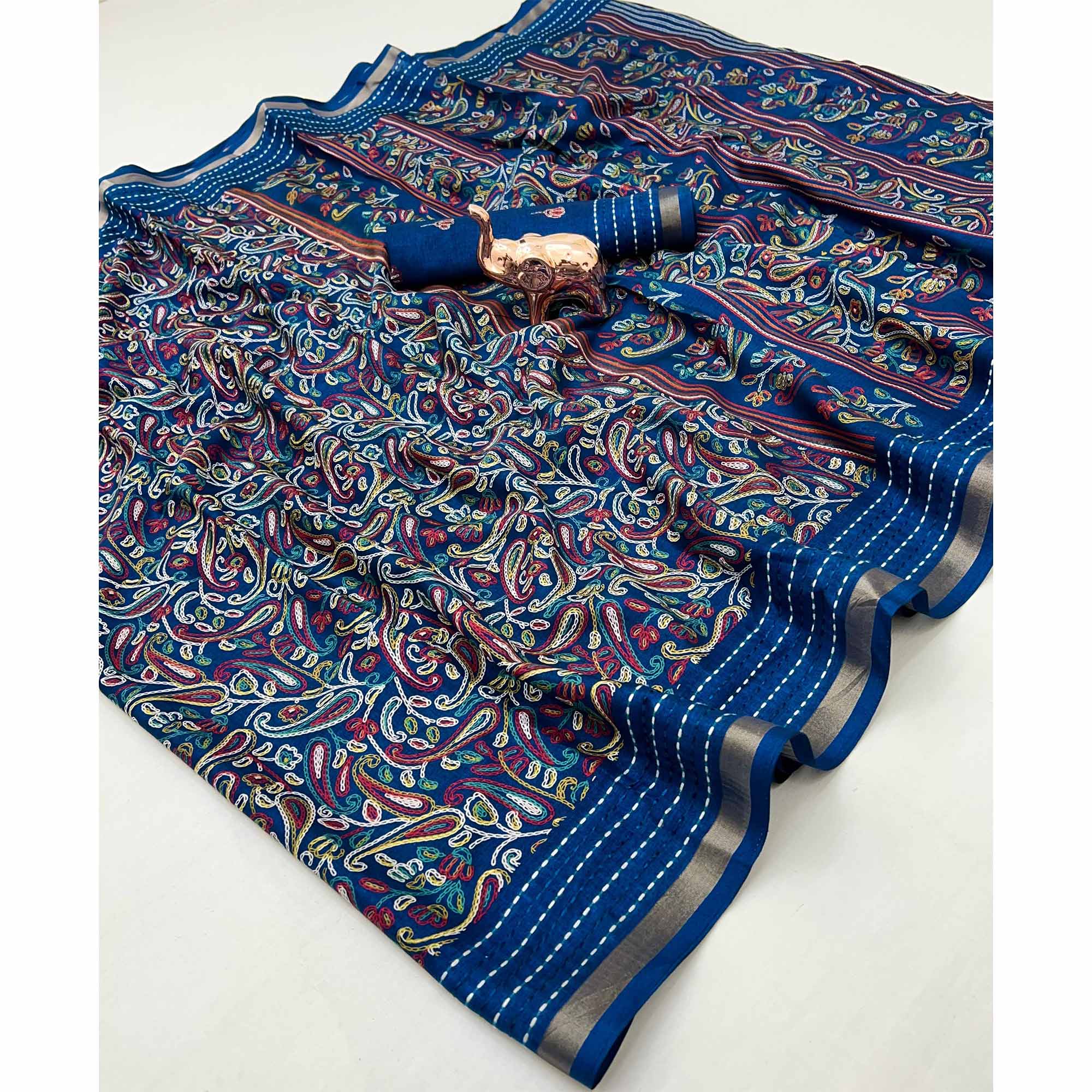 Blue Floral Print Saree In Crepe Cotton Adorned With Kantha Embroidery