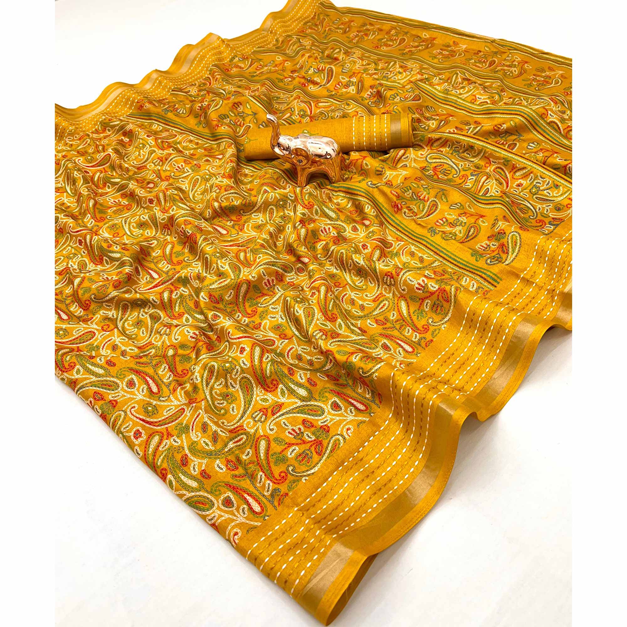 Mustard Floral Print Saree In Crepe Cotton Adorned With Kantha Embroidery