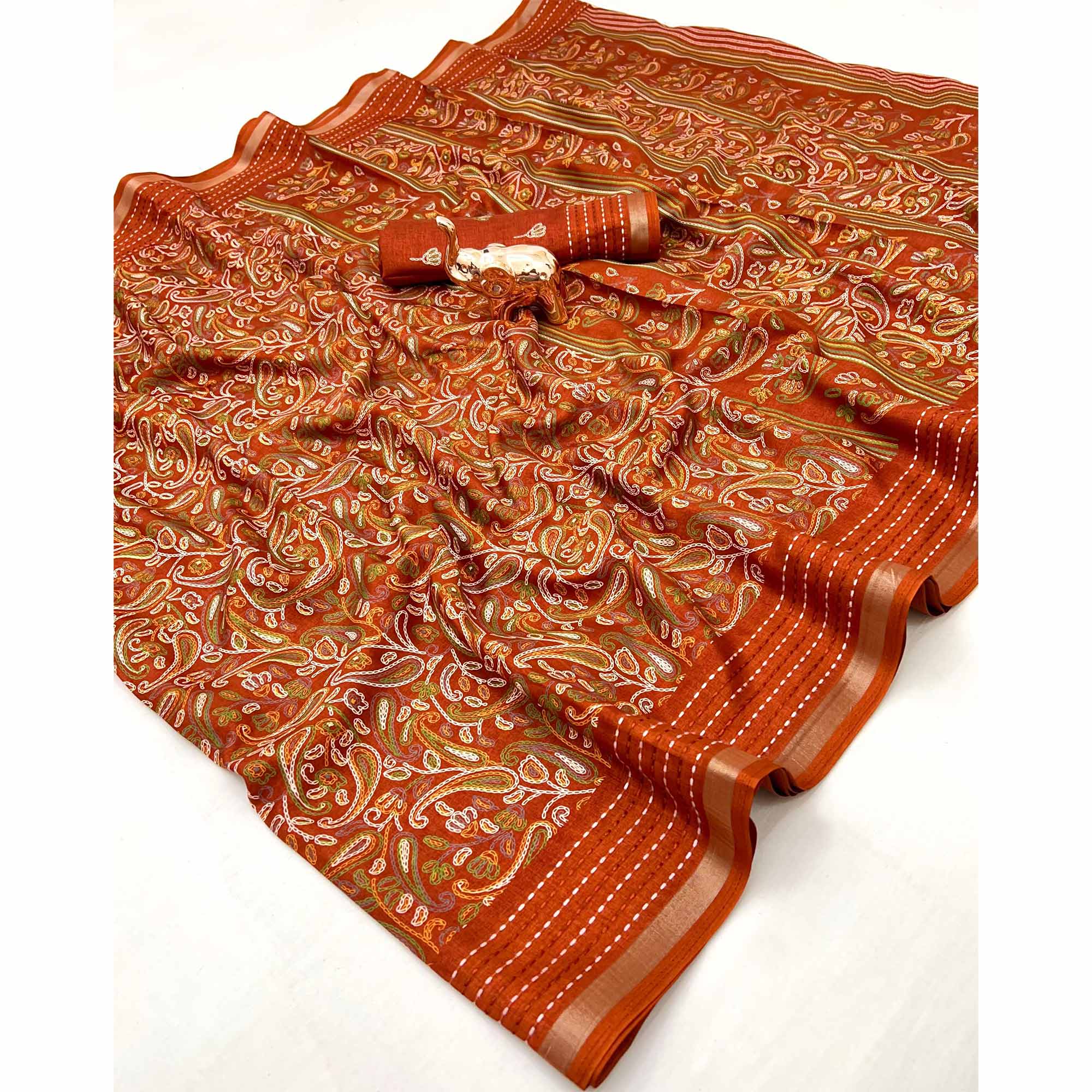 Rusty Orange Floral Print Saree In Crepe Cotton Adorned With Kantha Embroidery