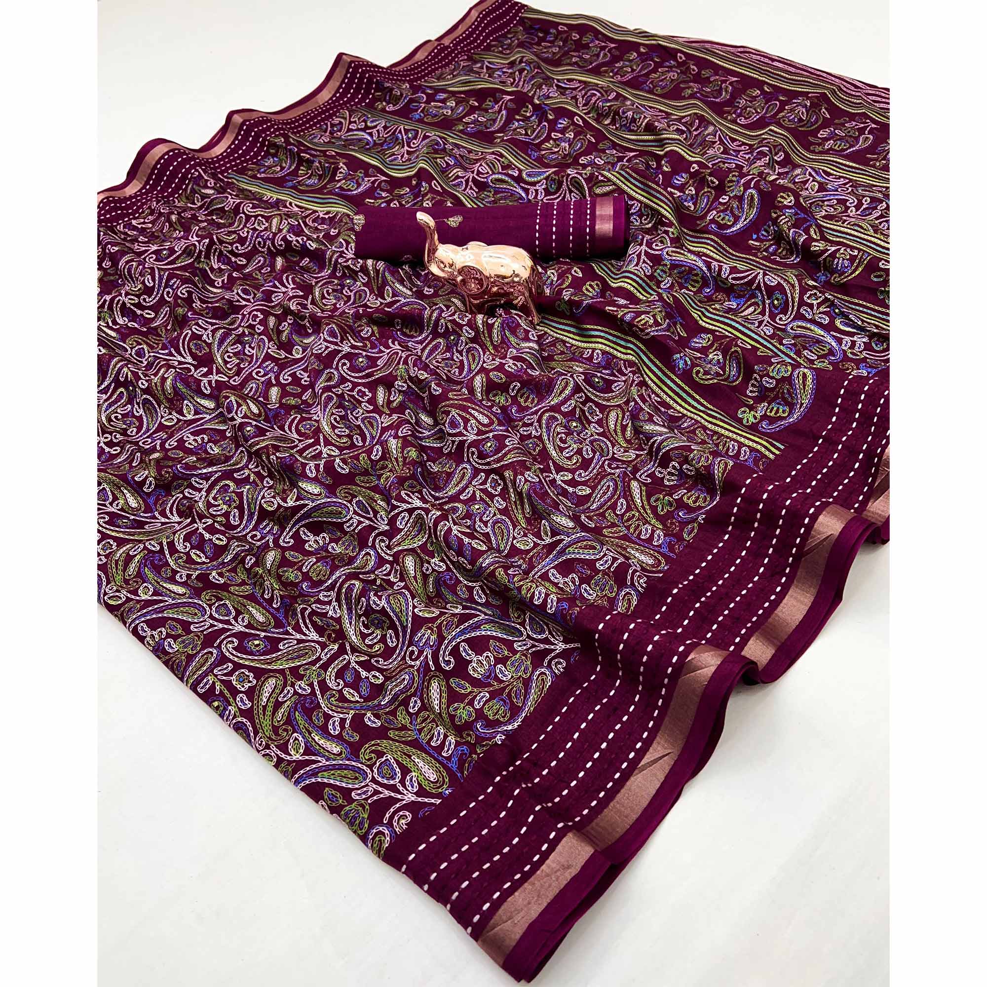 Wine Floral Print Saree In Crepe Cotton Adorned With Kantha Embroidery