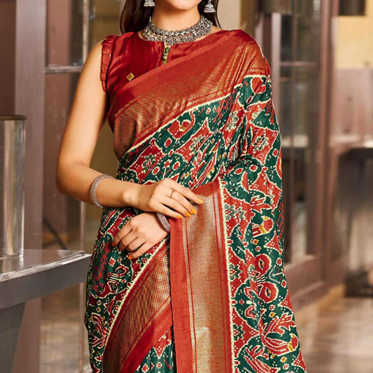 Green & Red Patola Printed Viscose Saree With Zari Border