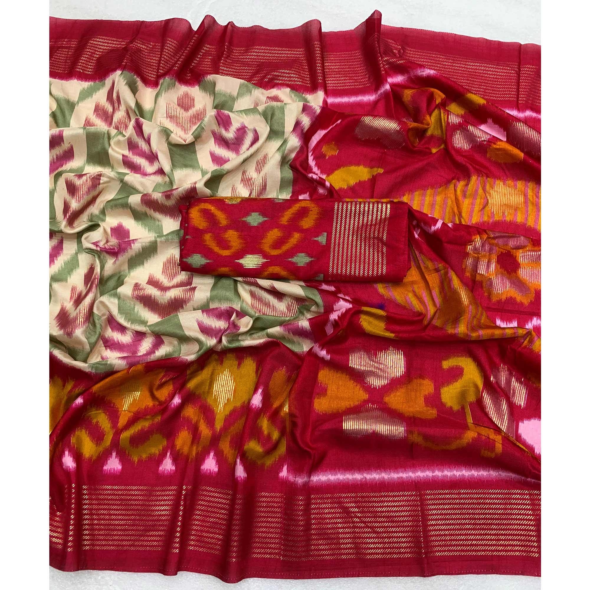 Off White & Pink Patola Printed Viscose Saree With Zari Border