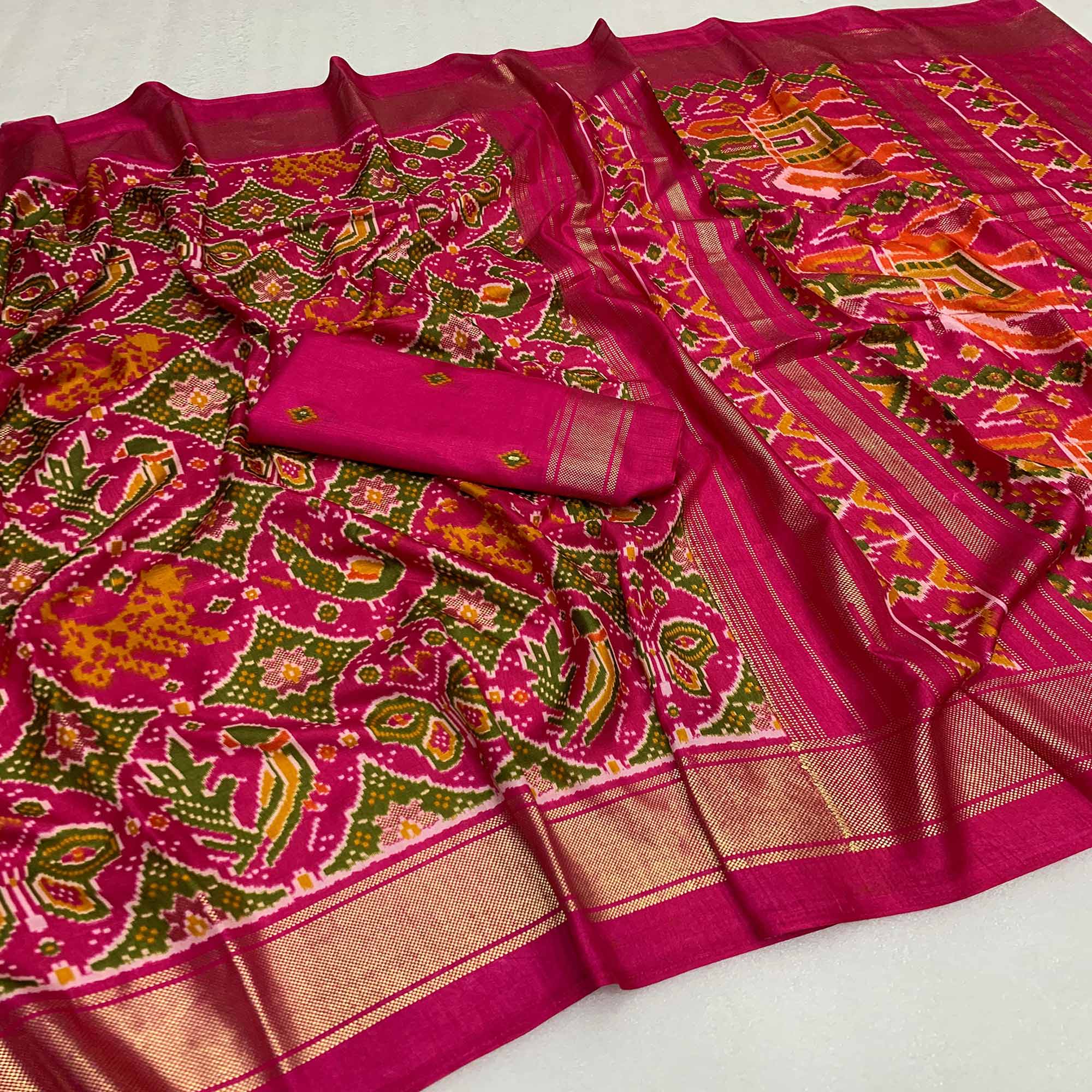 Pink & Green Patola Printed Viscose Saree With Zari Border