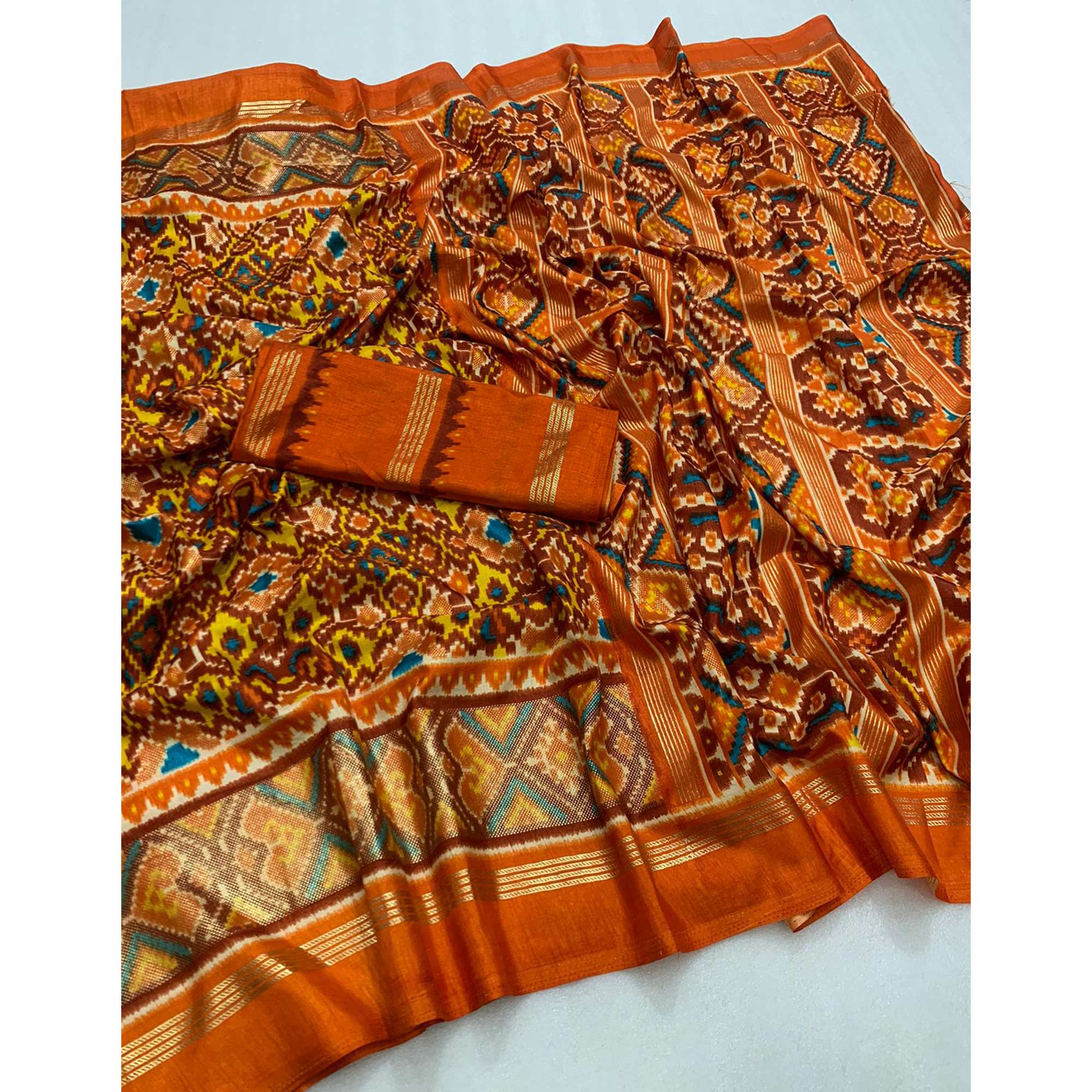 Brown Ikkat Foil Printed Dola Silk Saree