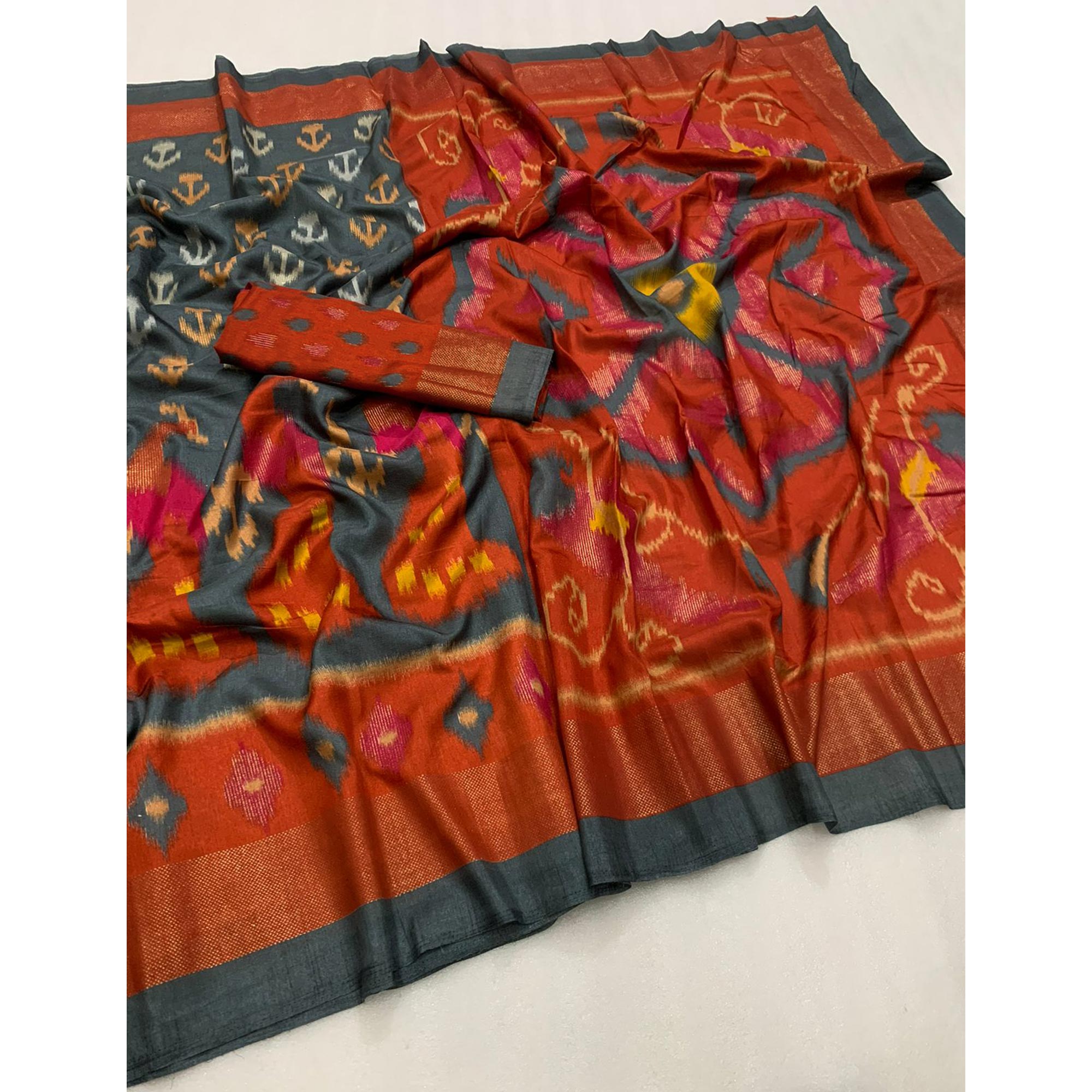 Grey Ikkat Foil Printed Dola Silk Saree