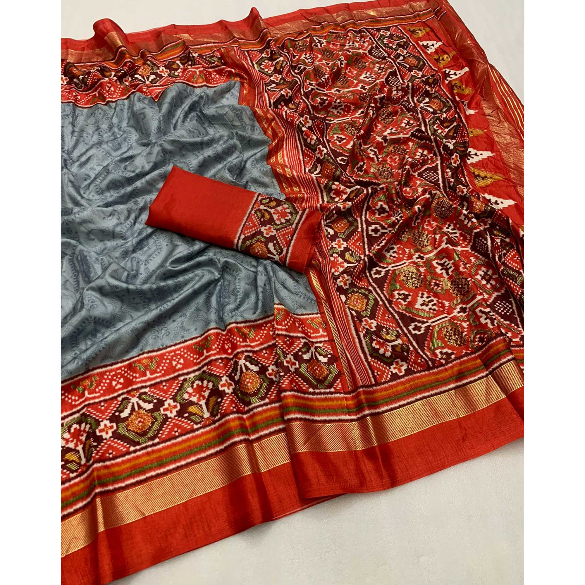 Grey & Red Ikkat Foil Printed Dola Silk Saree