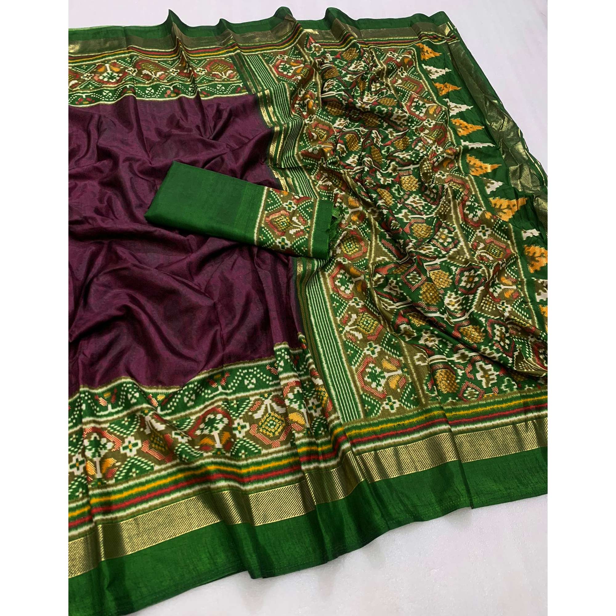 Purple & Green Ikkat Foil Printed Dola Silk Saree