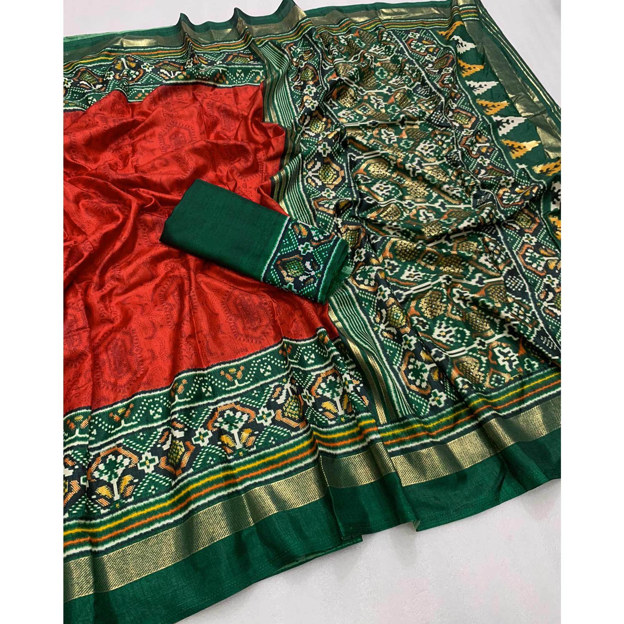 Red & Green Ikkat Foil Printed Dola Silk Saree