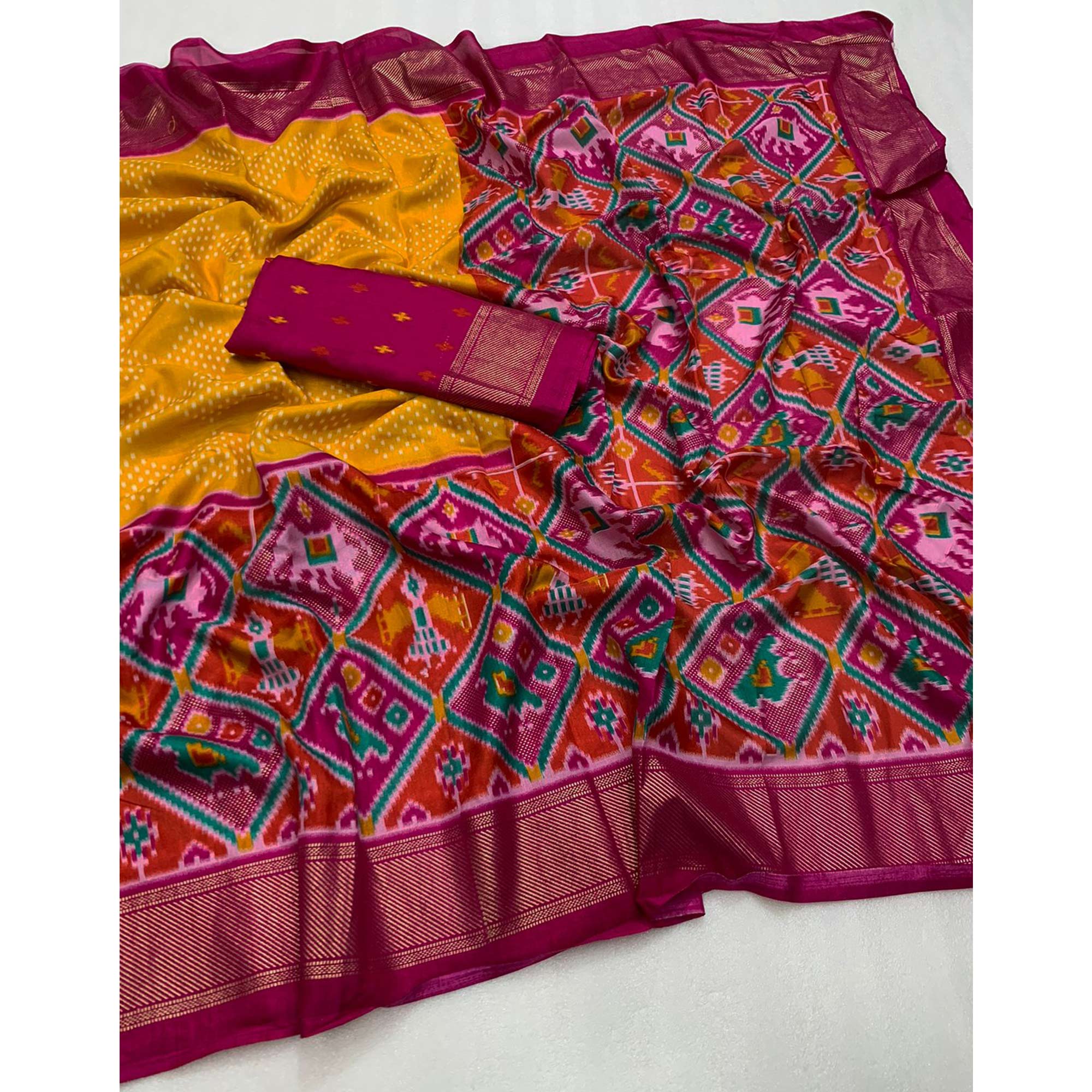 Yellow & Pink Ikkat Foil Printed Dola Silk Saree