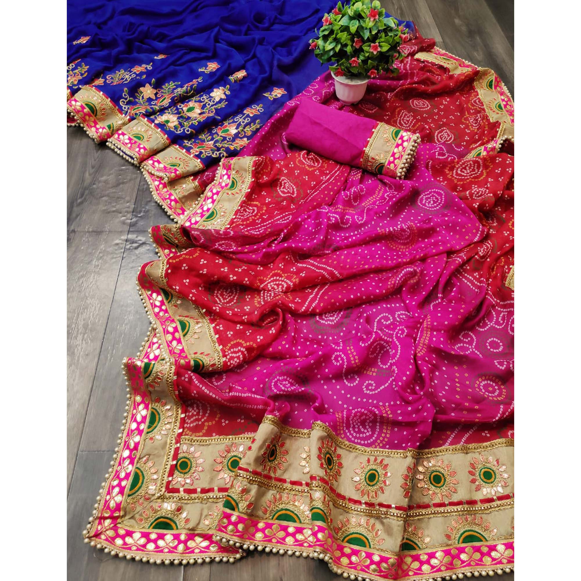 Blue & Pink Bandhani Printed Chiffon Half & Half Saree