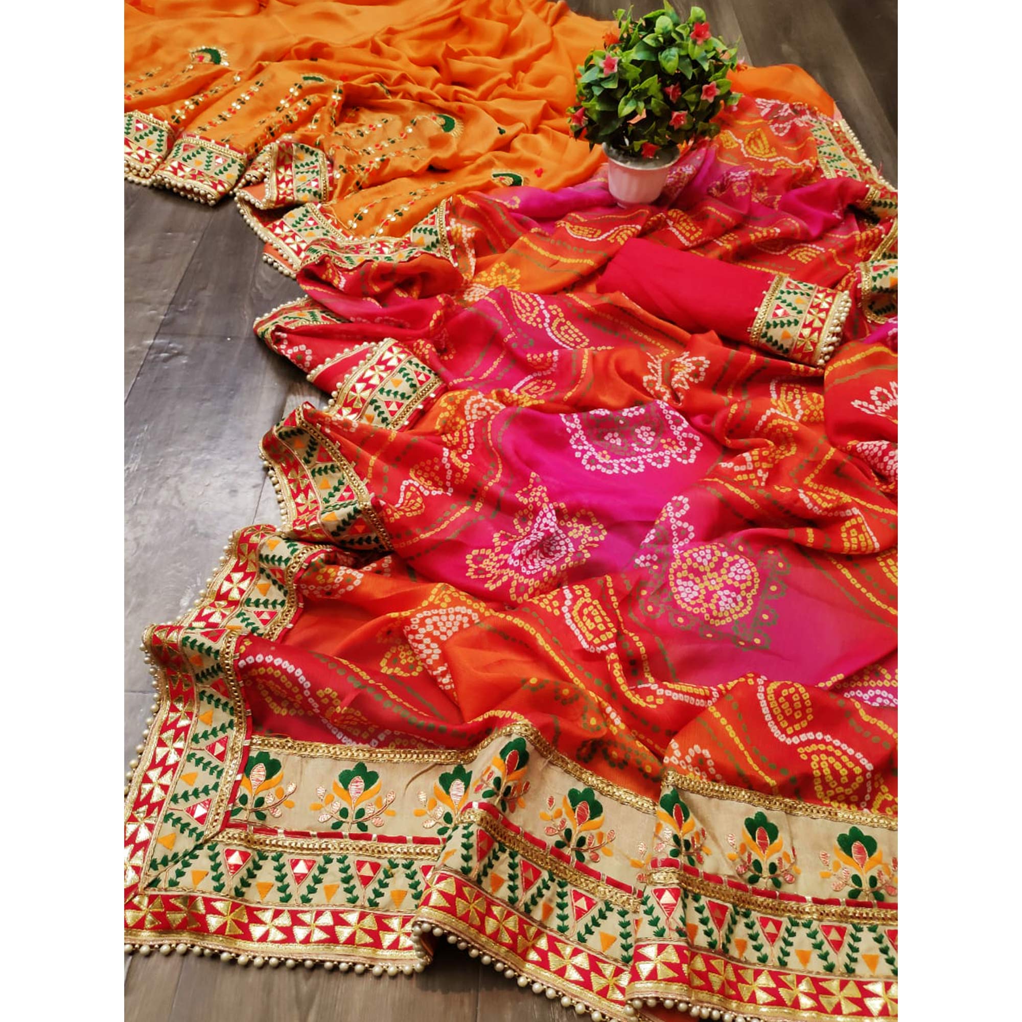 Orange & Pink Bandhani Printed Chiffon Half & Half Saree