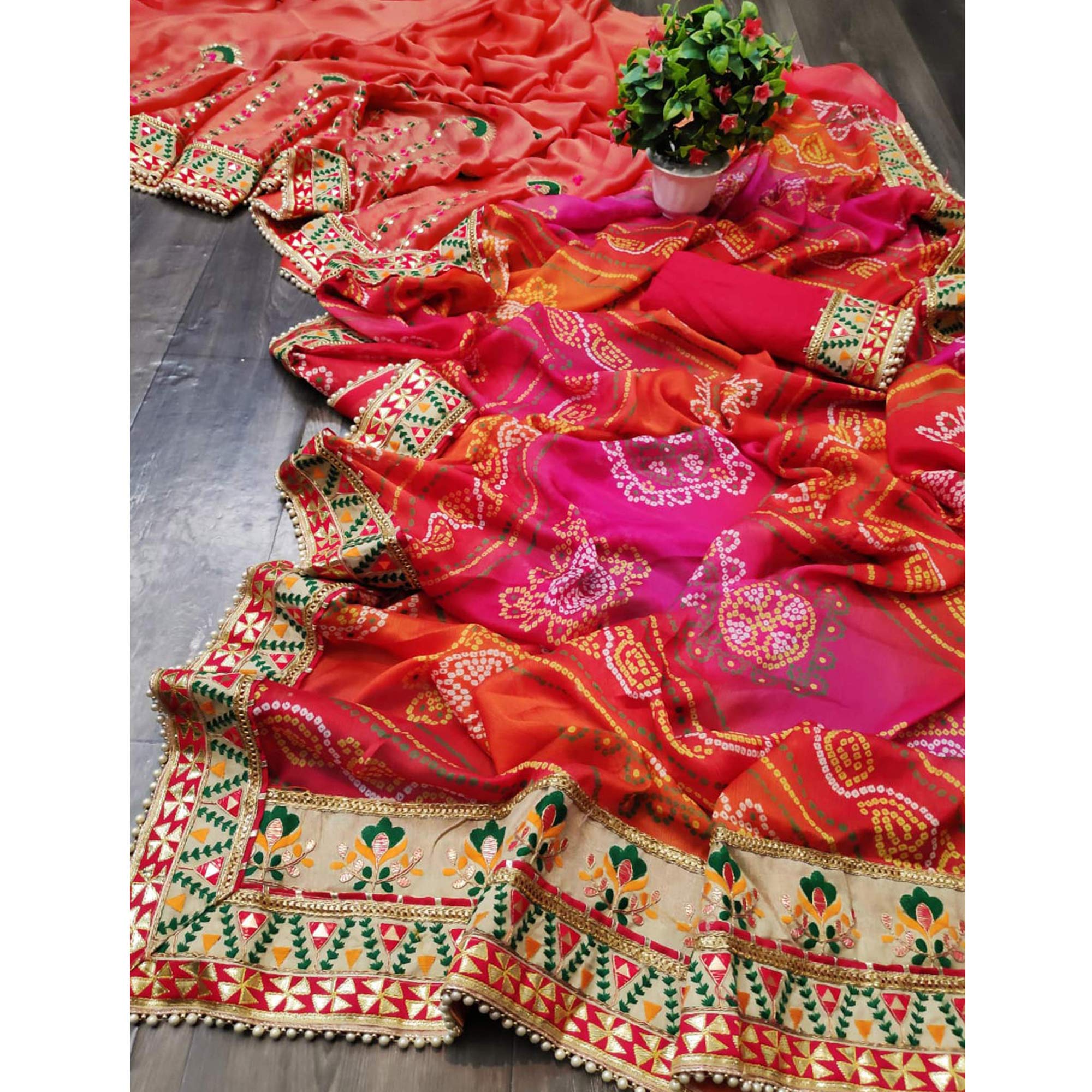 Peach & Pink Bandhani Printed Chiffon Half & Half Saree