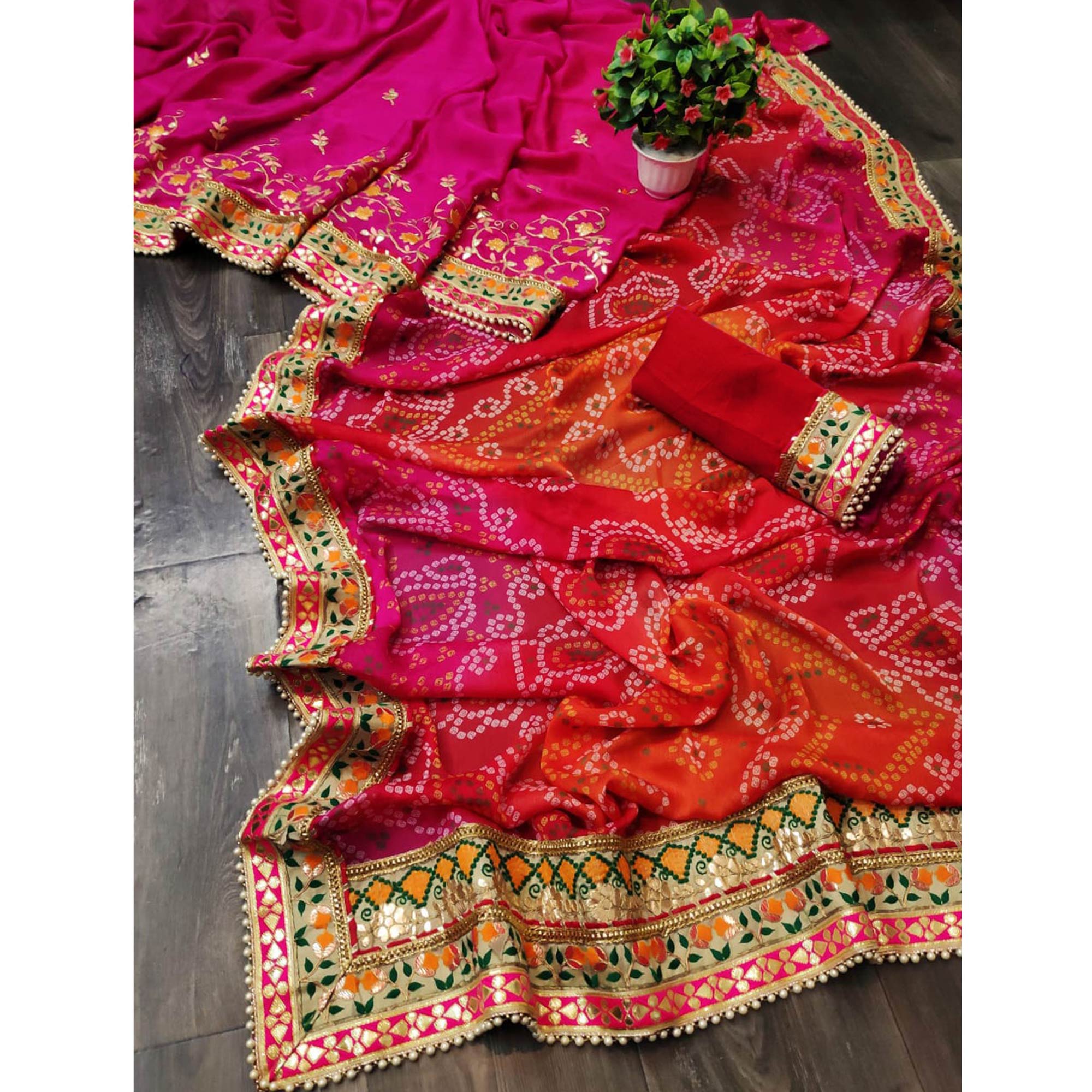 Rani Pink & Orange Bandhani Printed Chiffon Half & Half Saree