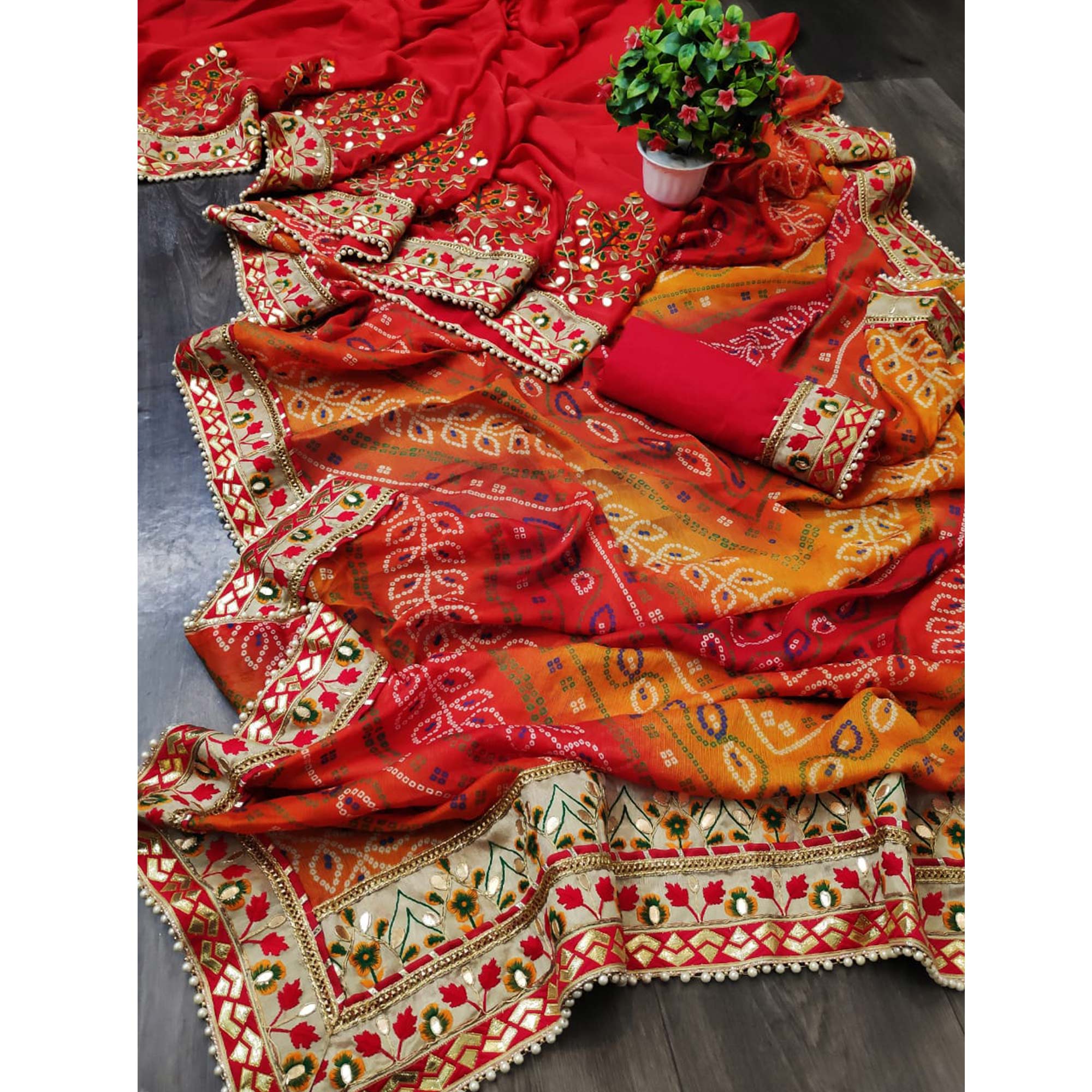 Red & Orange Bandhani Printed Chiffon Half & Half Saree