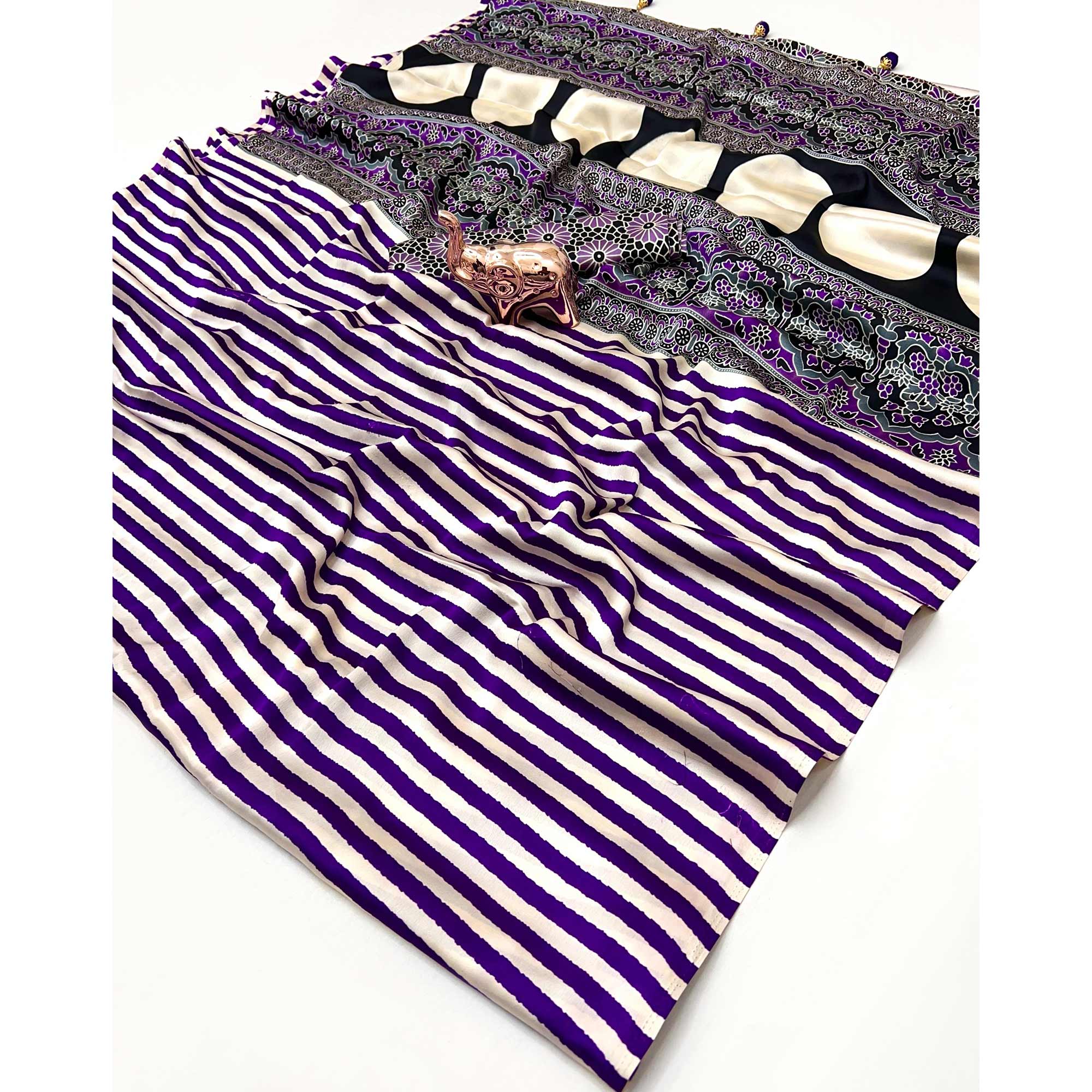 Luxe Partywear Saree in Violet Satin with Modern Striped Print and Flowing Drape