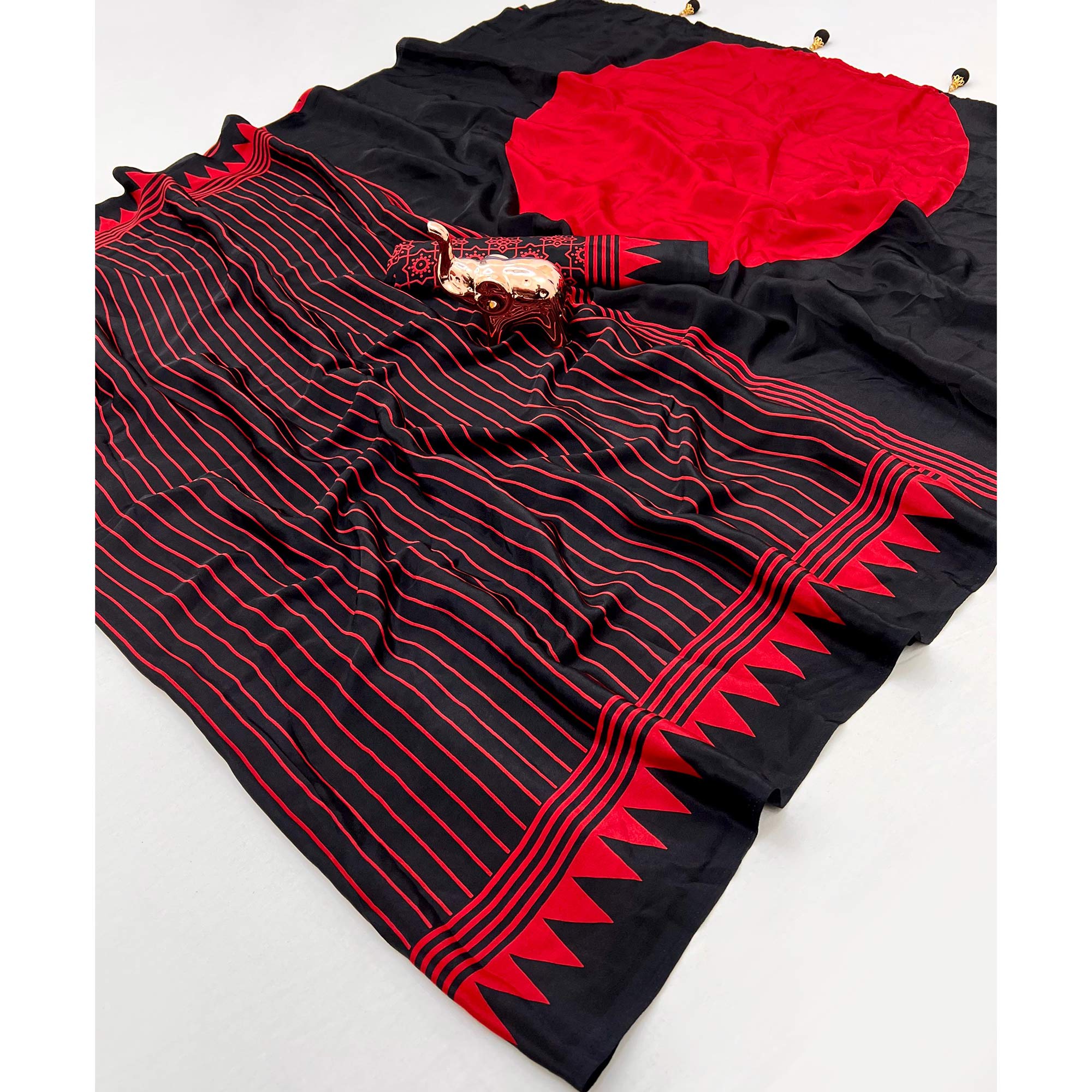 Black Satin Saree with All-Over Striped Print Partywear Essential