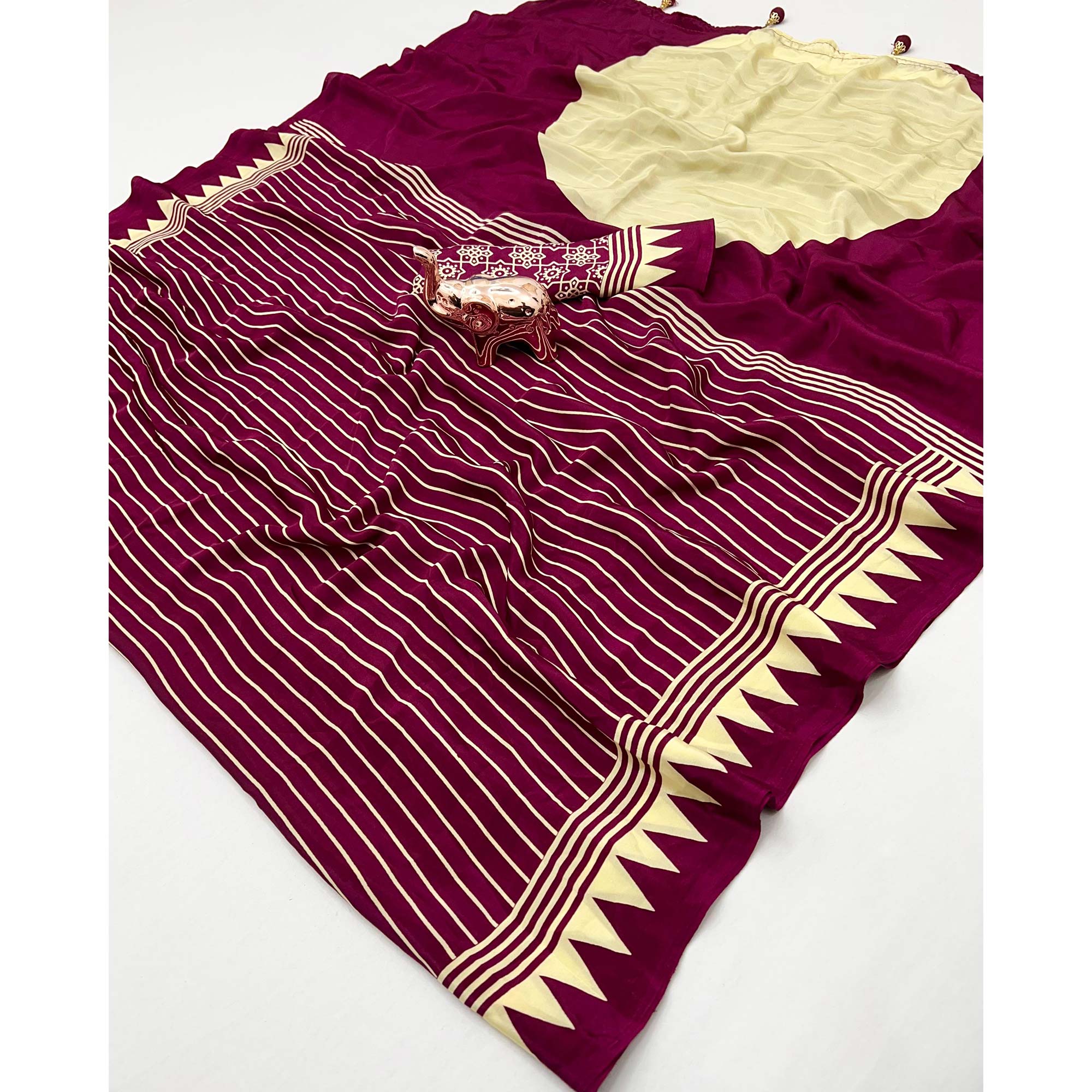 Magenta Satin Saree with All-Over Striped Print Partywear Essential