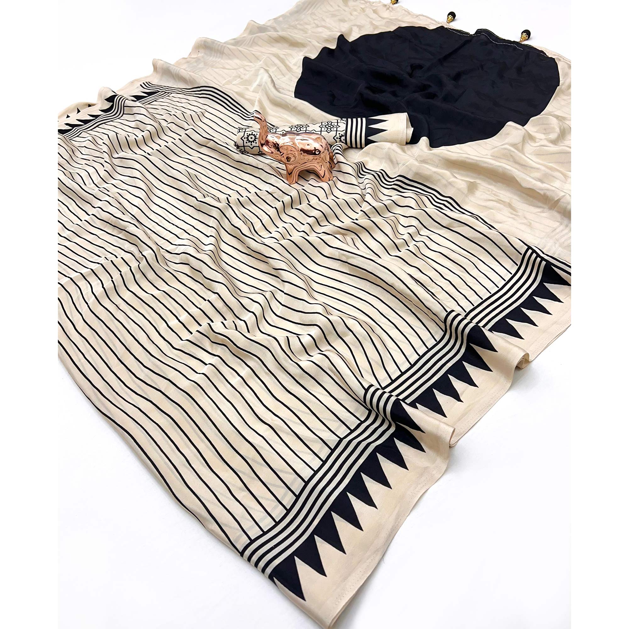 Off White Satin Saree with All-Over Striped Print Partywear Essential