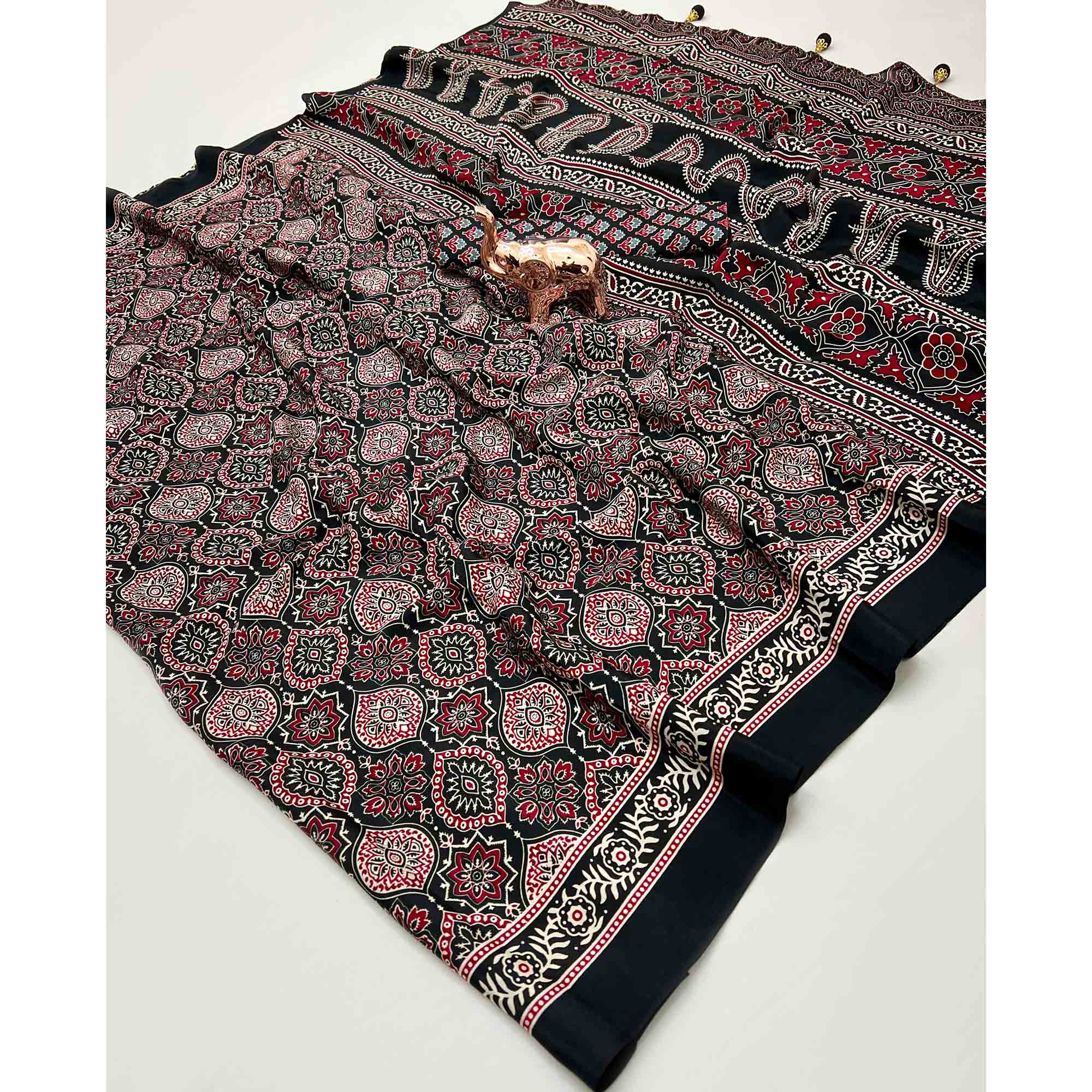 Black Beauty Pure Satin Saree with Ajrakh Print Detailing