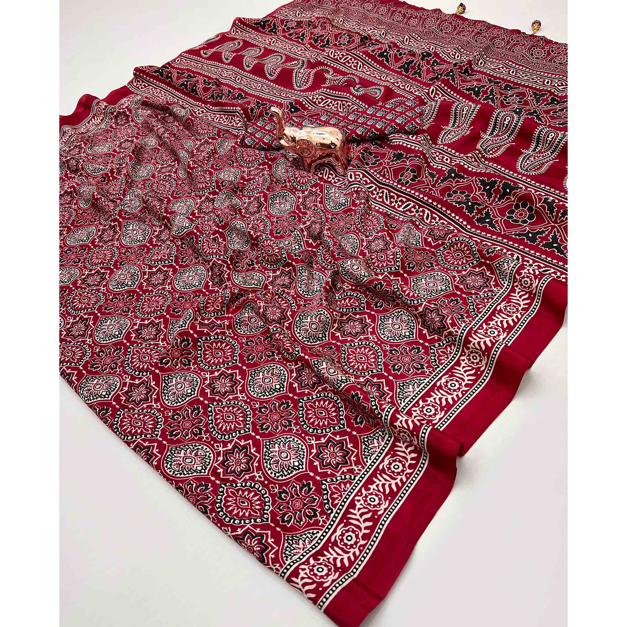 Red Beauty Pure Satin Saree with Ajrakh Print Detailing