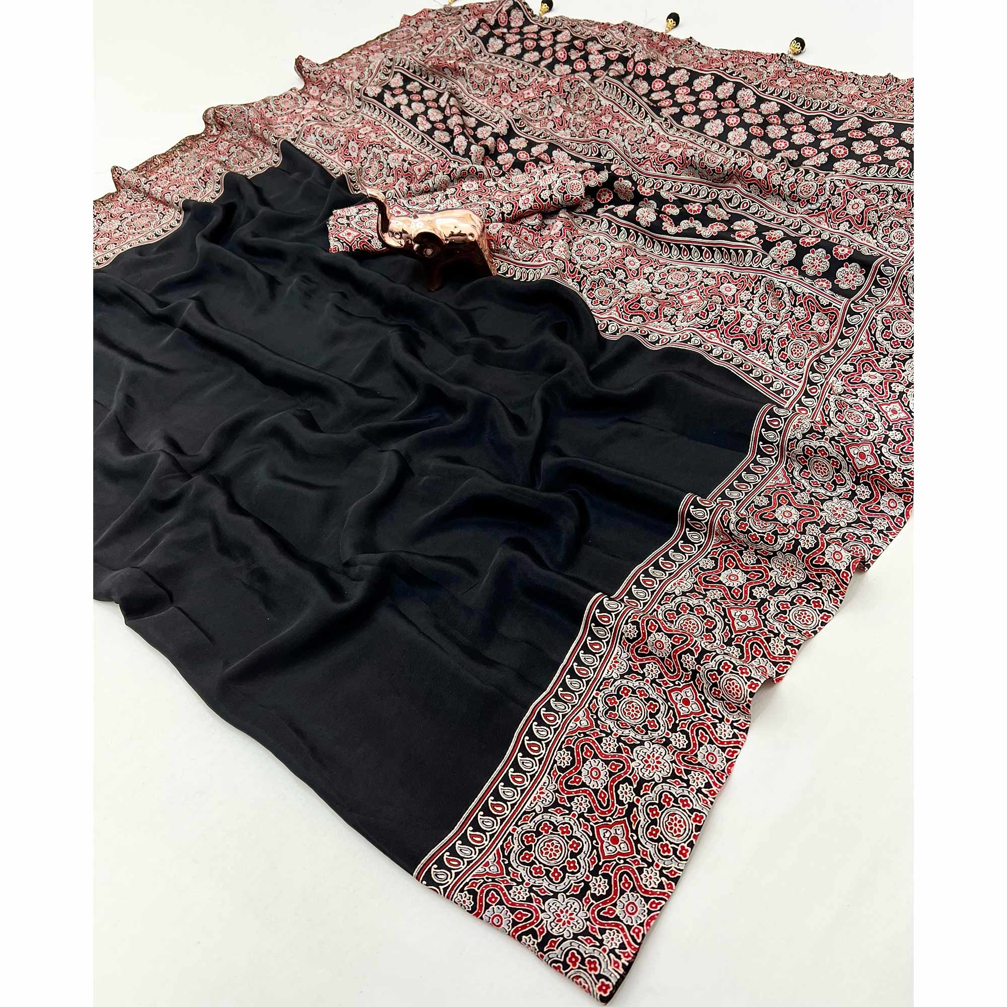 Black Satin Saree Showcasing Rich Ajrakh Printed Design & Tassel Finished Pallu