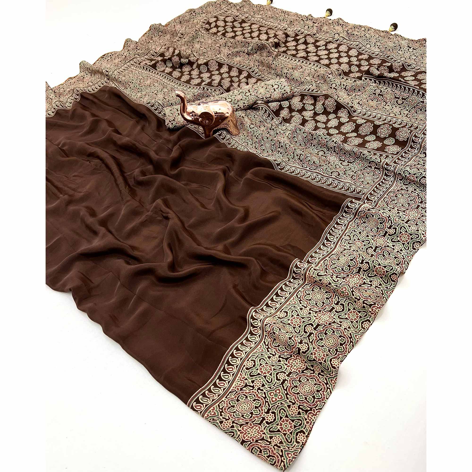 Brown Satin Saree Showcasing Rich Ajrakh Printed Design & Tassel Finished Pallu