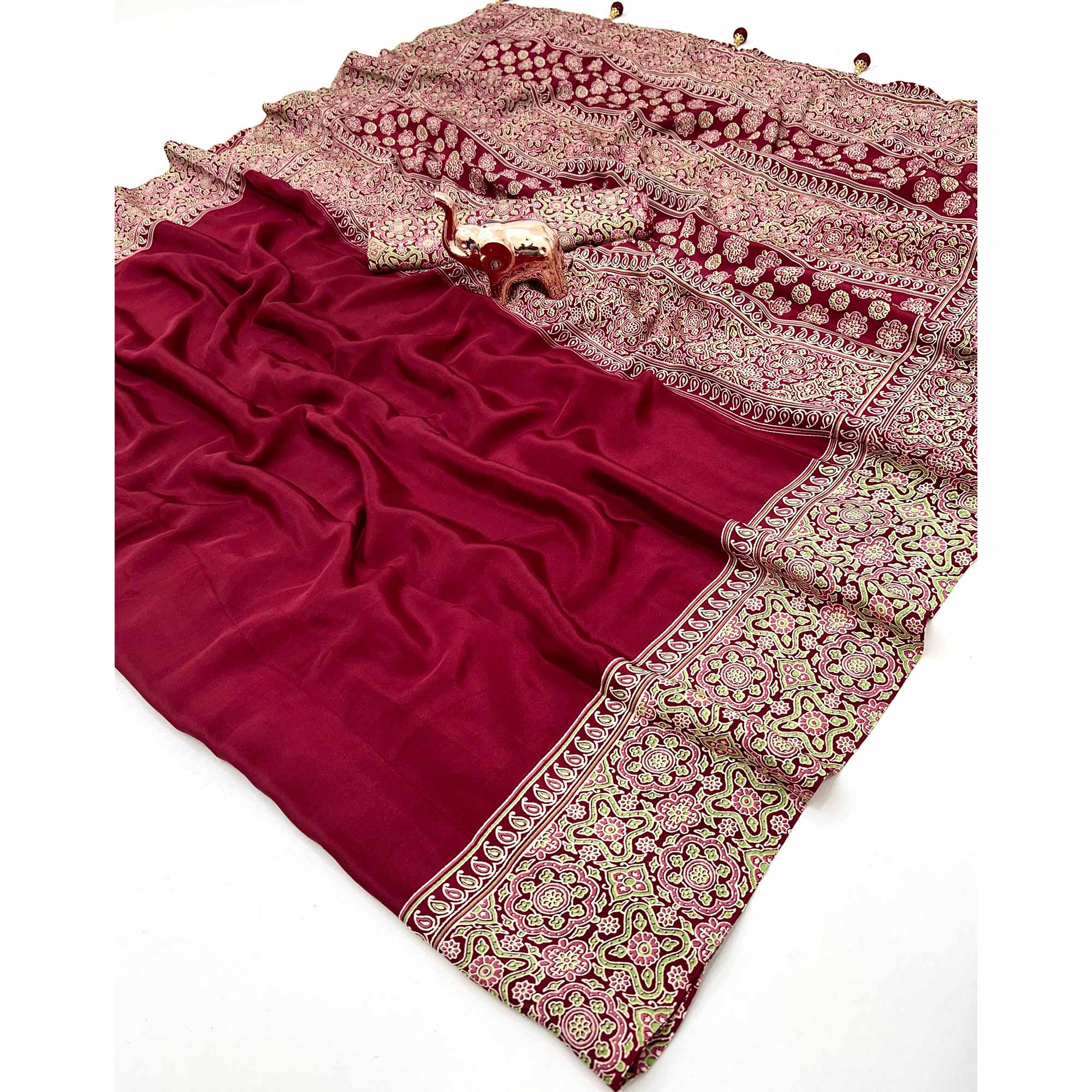 Maroon Satin Saree Showcasing Rich Ajrakh Printed Design & Tassel Finished Pallu