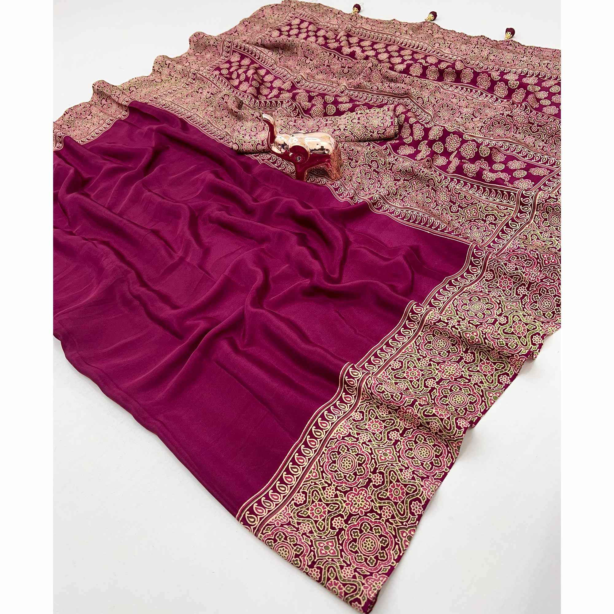 Pink Satin Saree Showcasing Rich Ajrakh Printed Design & Tassel Finished Pallu