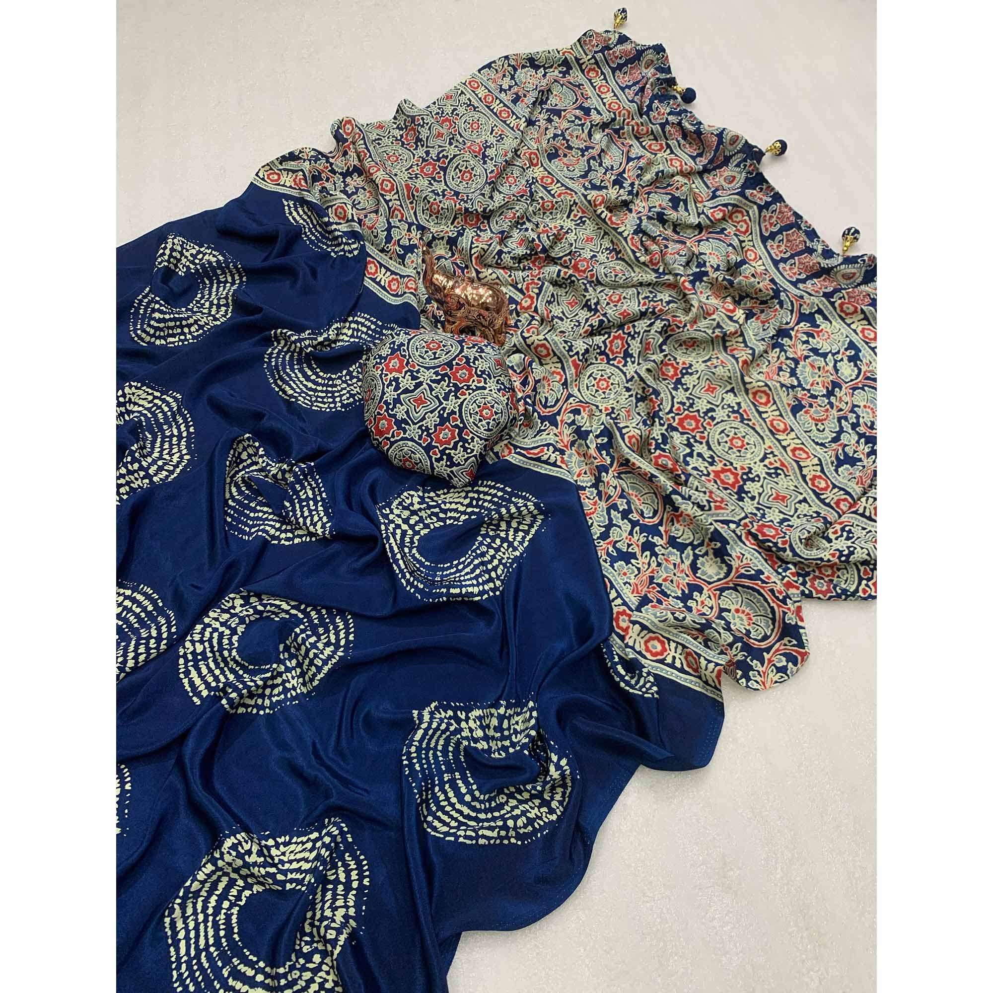 Blue Satin Saree Adorned With Authentic Ajrakh Print & Stylish Tassel Pallu
