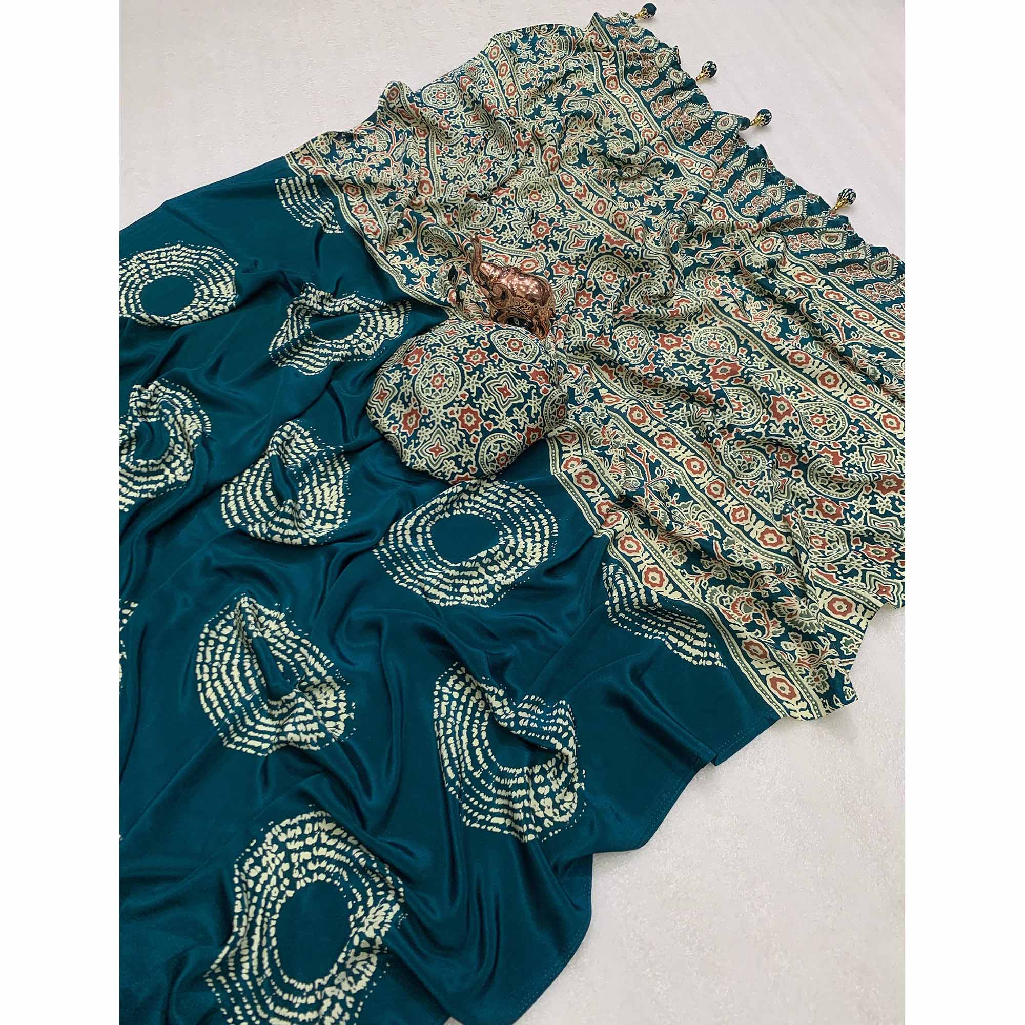 Teal Satin Saree Adorned With Authentic Ajrakh Print & Stylish Tassel Pallu