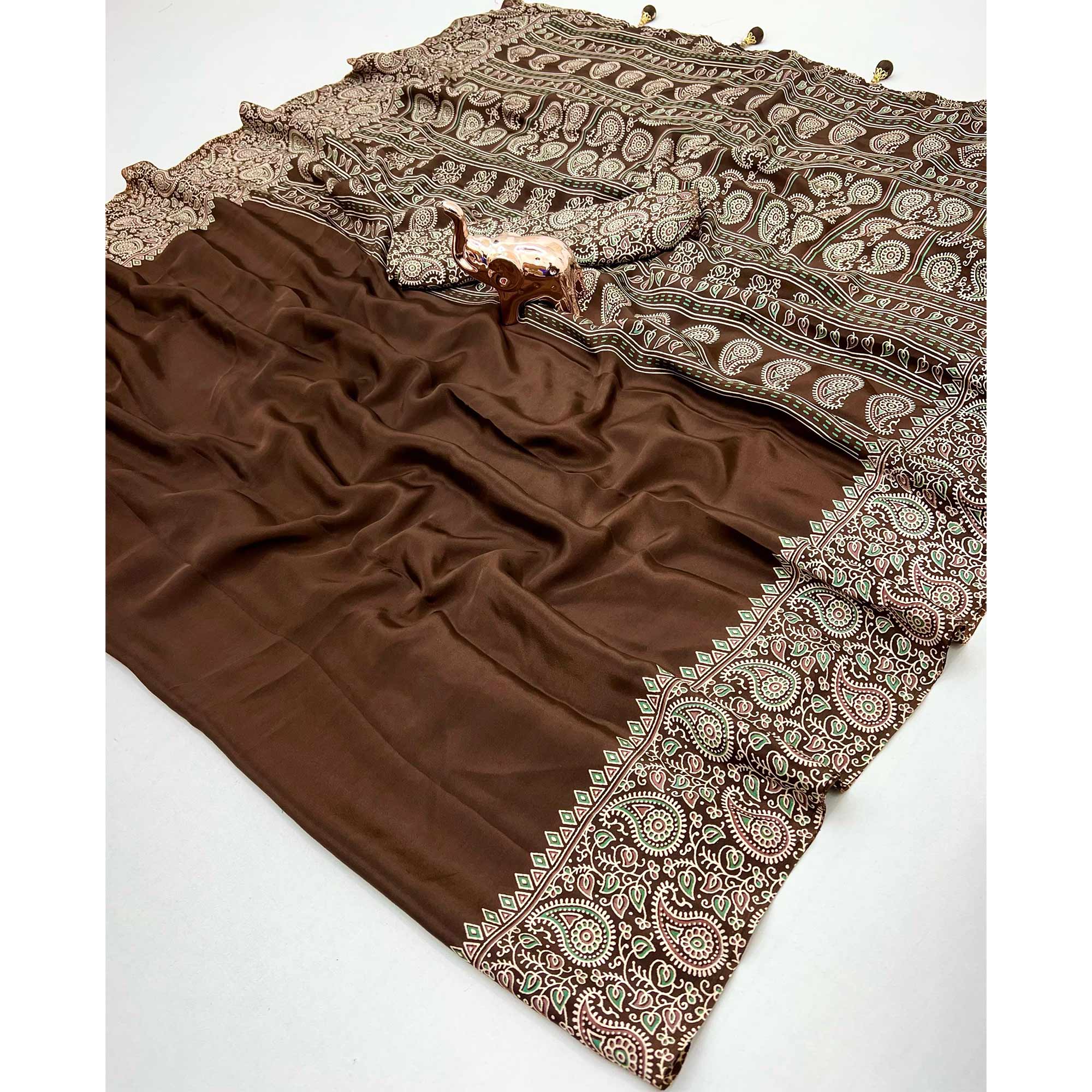 Brown Satin Saree In Ajrakh Floral Print With Tassel Adorned Pallu
