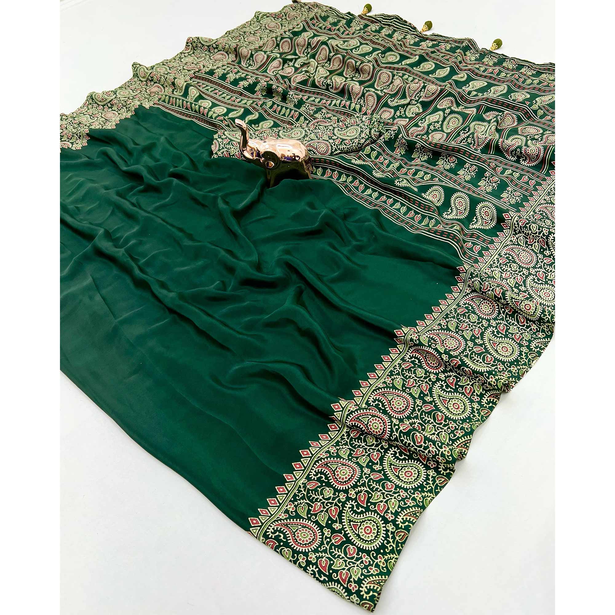 Green Satin Saree In Ajrakh Floral Print With Tassel Adorned Pallu