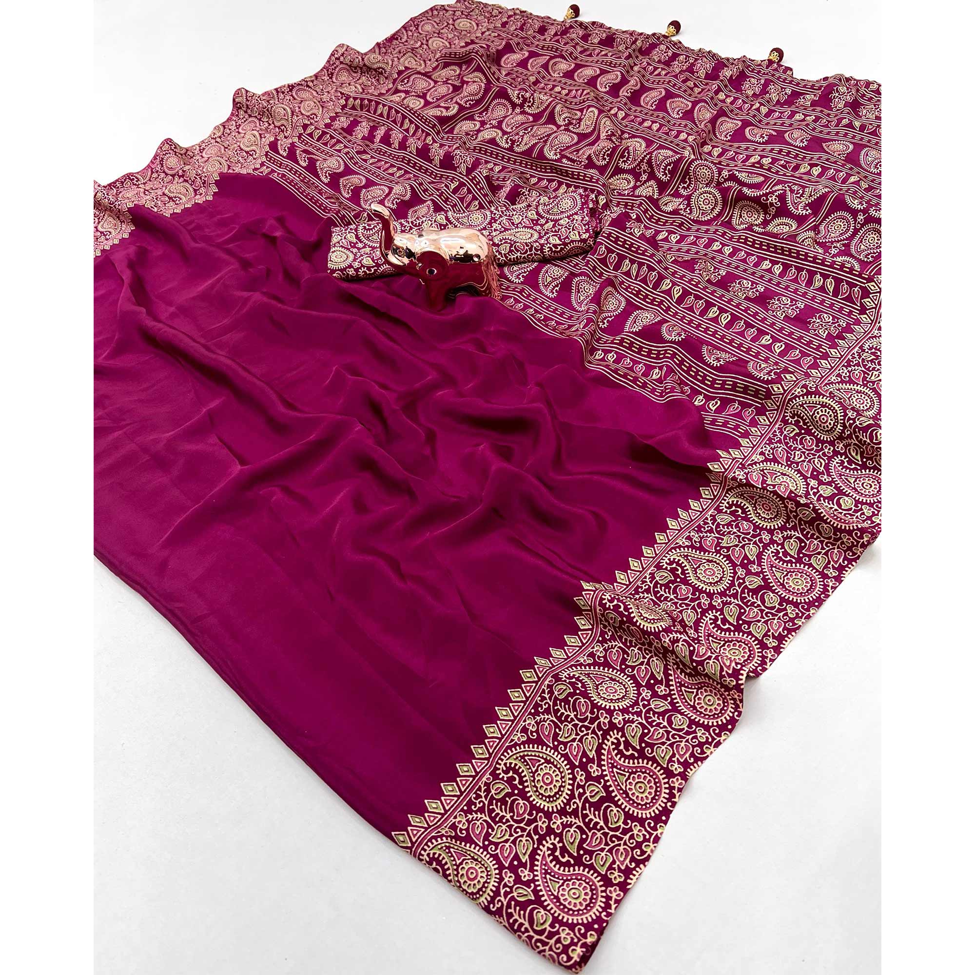 Pink Satin Saree In Ajrakh Floral Print With Tassel Adorned Pallu