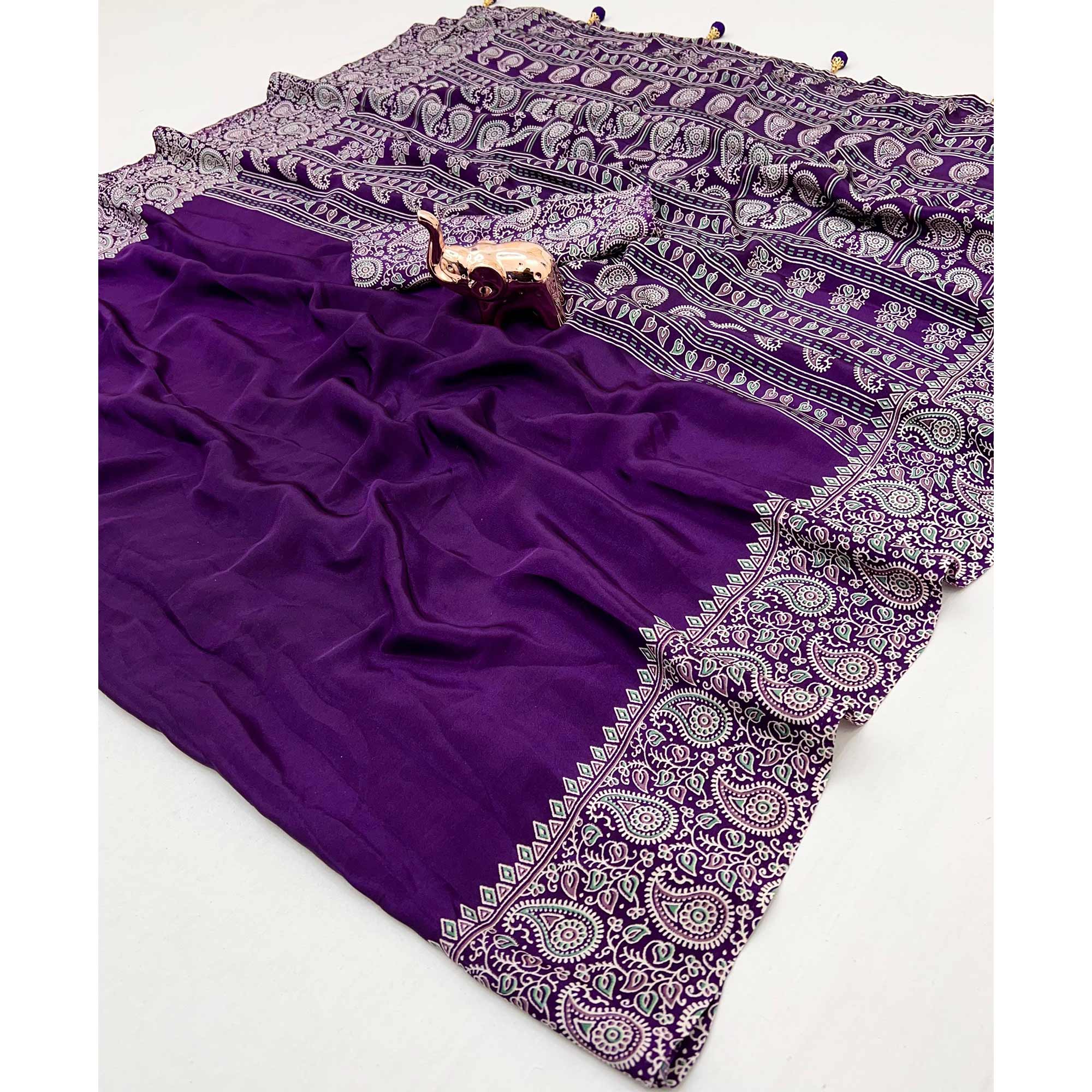 Purple Satin Saree In Ajrakh Floral Print With Tassel Adorned Pallu