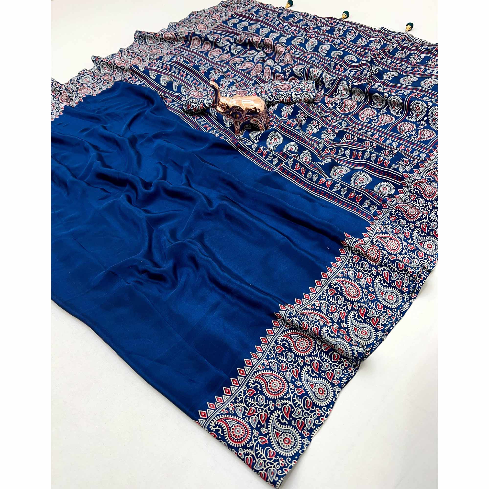 Royal Blue Satin Saree In Ajrakh Floral Print With Tassel Adorned Pallu